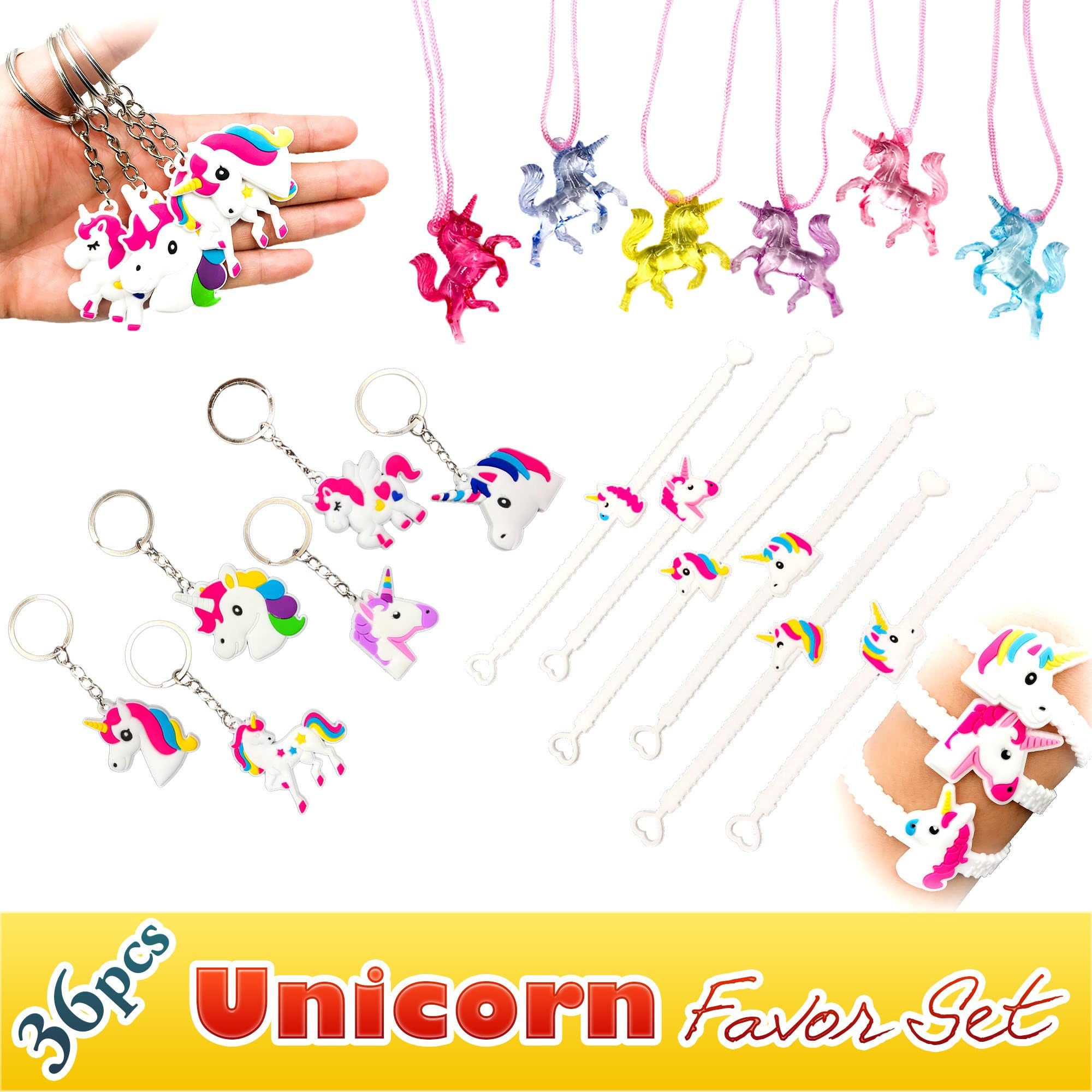 Rainbow Unicorn Toy Novelty Birthday Party Favor Set, 36pcs, Unicorn Bracelets, Necklaces, Keychains