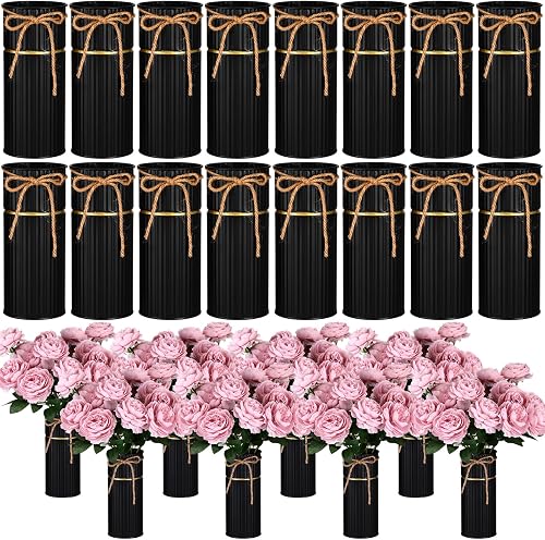 Mimorou 16 Pcs 7.48 Inch Wedding Vases for Centerpieces Mason Jars with Twine Bow Galvanized Metal Flower Vase Rustic Vintage Farmhouse Tin Bucket for Wedding Home Table (Black)