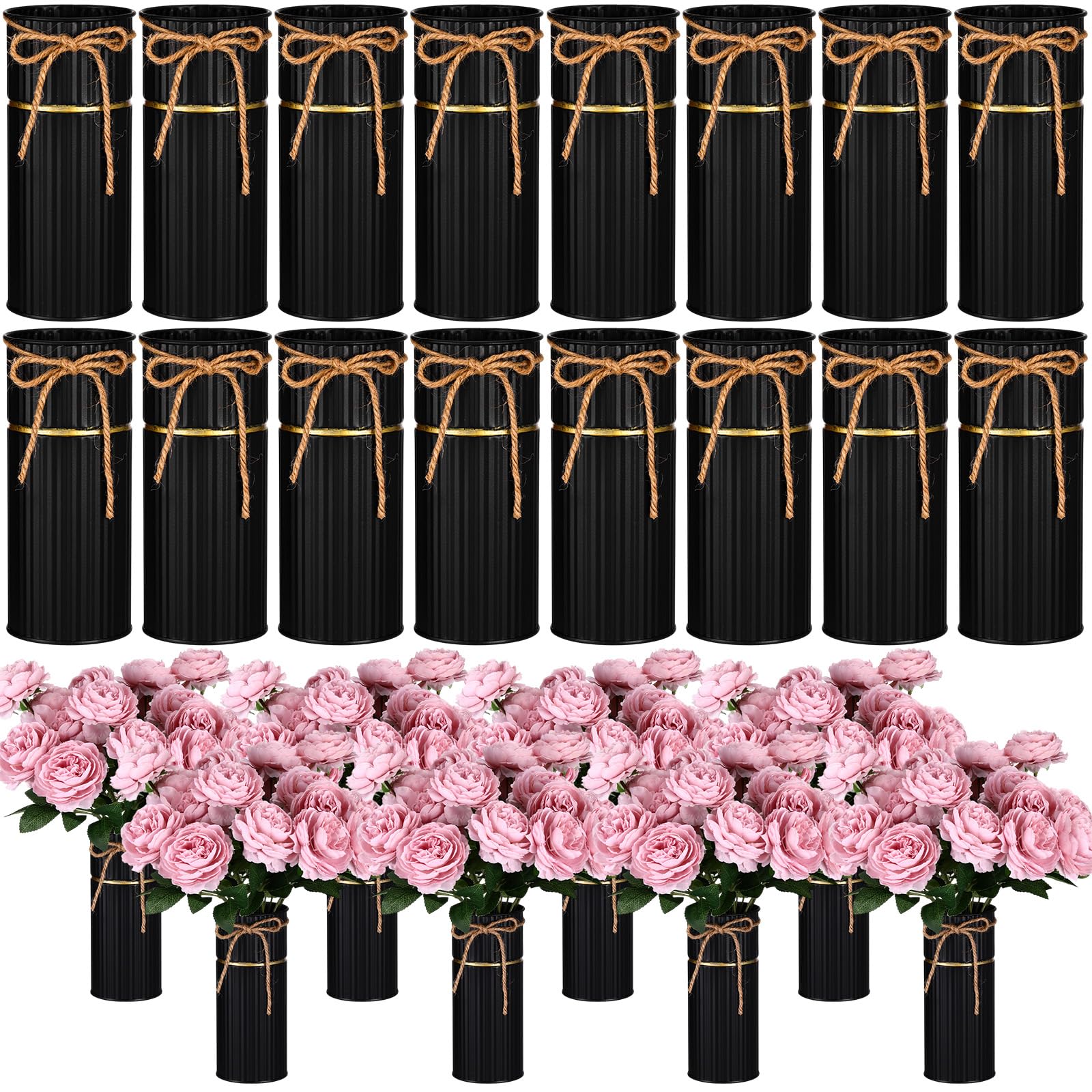 Mimorou 16 Pcs 7.48 Inch Wedding Vases for Centerpieces Mason Jars with Twine Bow Galvanized Metal Flower Vase Rustic Vintage Farmhouse Tin Bucket for