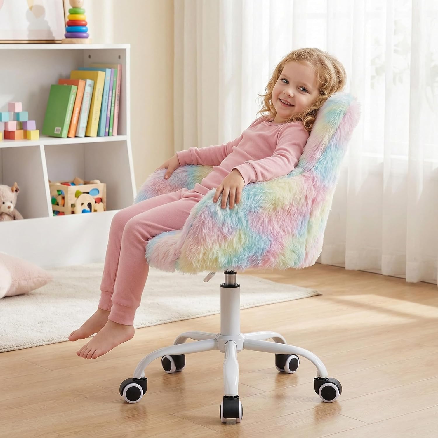 DUOMAY Kids Desk Chair, Faux Fur Colorful Upholstered Computer Chair for Boys and Girls, Cute Study Swivel Height Adjustable Arm Chair for Child, Rainbow Color