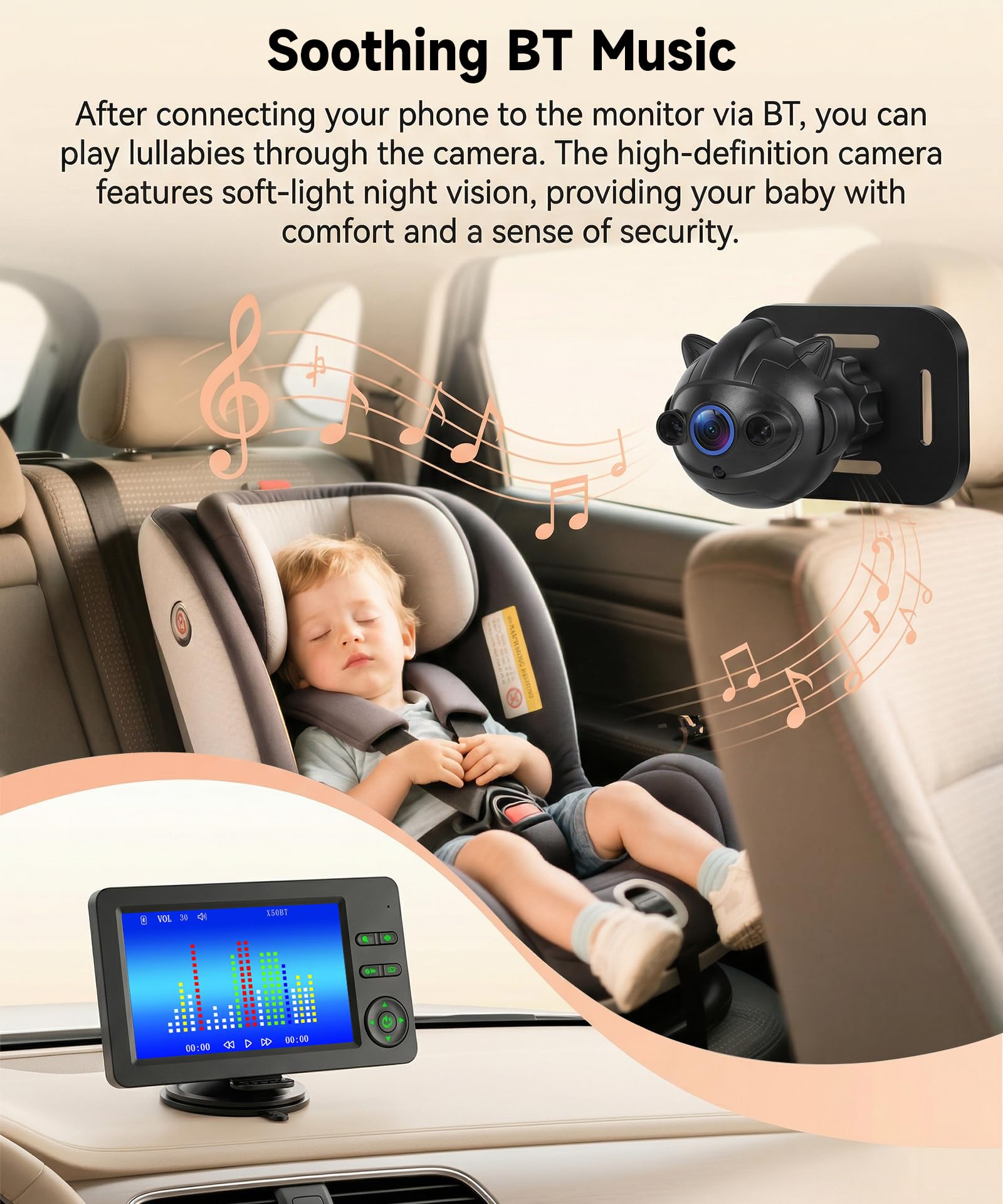 Rimoody Telecamera per Auto per Bambini per Sedile Posteriore, 4.3 Pollici Schermi, Specchio Retrovisore per Seggiolino Auto con Visione Notturna IR, Vivavoce Bluetooth & Musica, Luci a Sette Colori