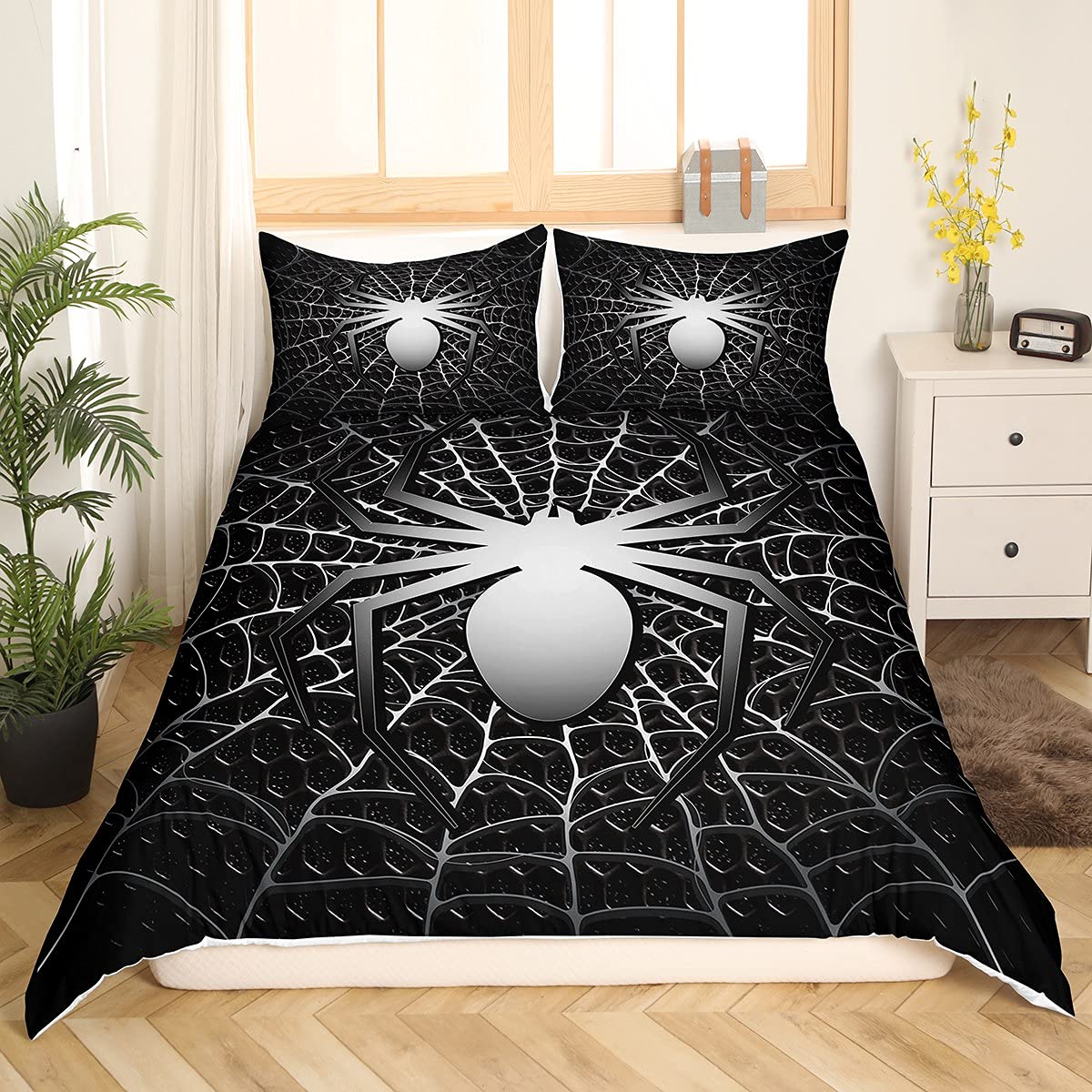 Loussiesd Juego de ropa de cama de araña para niños y niños 3D Scary Spider Web Ropa de cama y lino Negro Blanco funda de edredón Spider Animal Ropa de cama y lino Super King 3 piezas