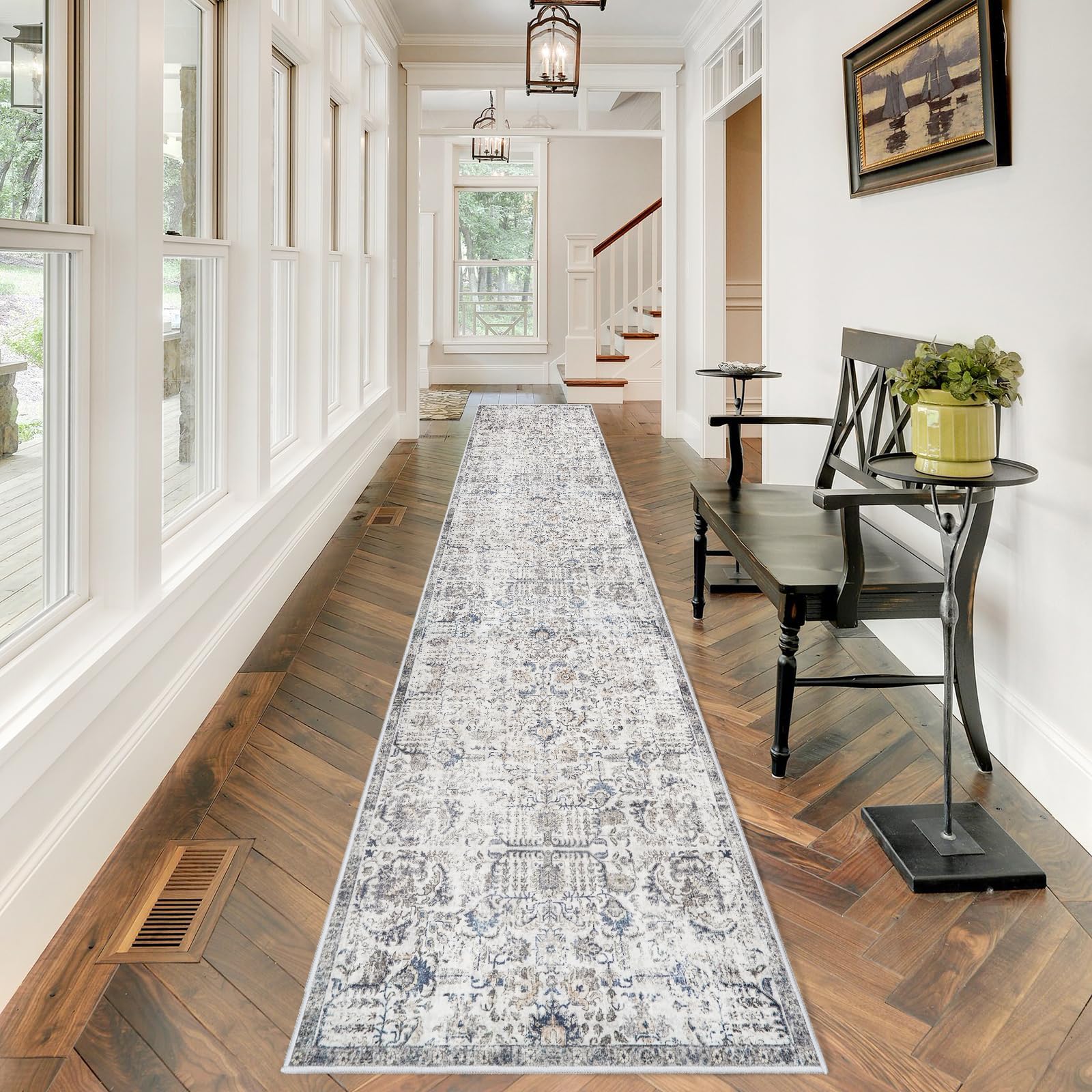 Hallway Washable Runner Rug - 2'6x12 Kitchen Runner Rugs with Non Slip Backing Indoor Farmhouse Carpets for Living Room Bedroom Vintage Distressed Mat