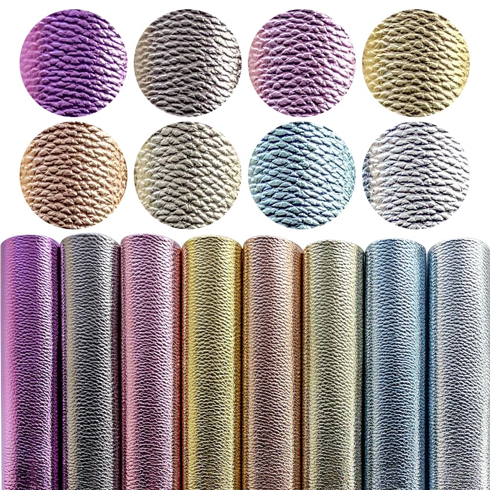 8 Pcs Metallic Lichi Texture Faux Leather Sheets, 8.3" x 11.8" Embossed Pattern PU Leather for DIY Earrings Keychains Pouches