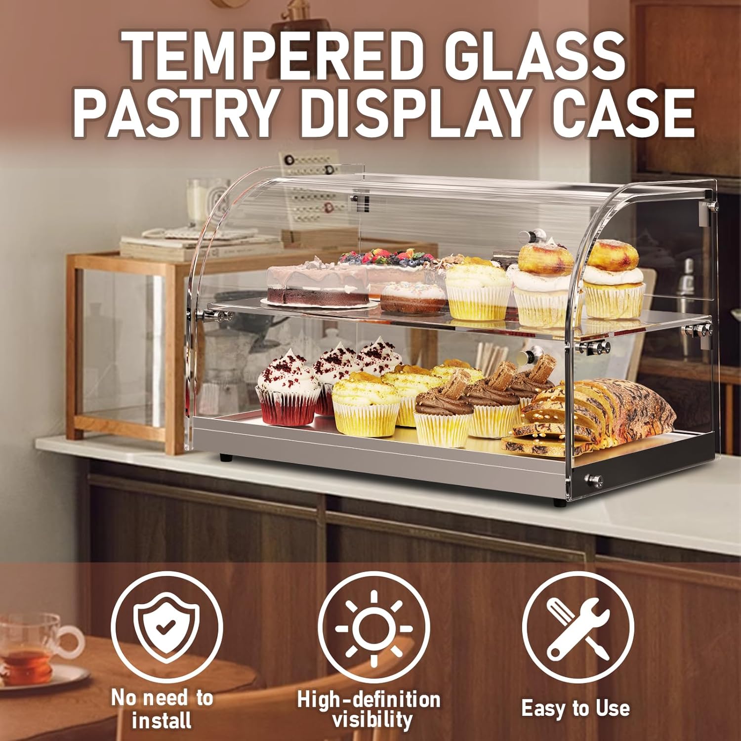 1.59 Cu.ft Malphi Large Pastry Display Case Countertop | Commercial Bakery Display Stand Cupcake Holder Tempered Glass | Large Bread Cookie Display Box | 22.1" x 15.2" x 14.6" | 27.5 lbs |