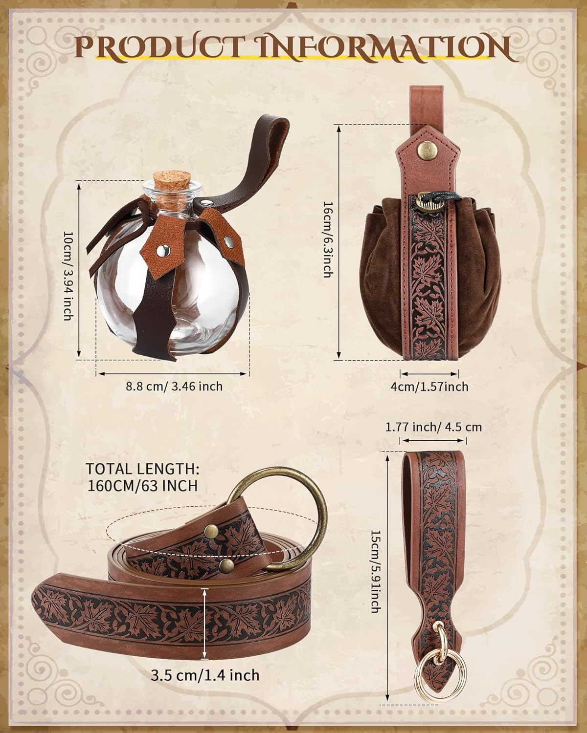 Sweetude 6 Pcs Renaissance Belt Accessories Medieval Viking Belt Potion Bottles Leather Pouch Skirt Hikes - Image 2