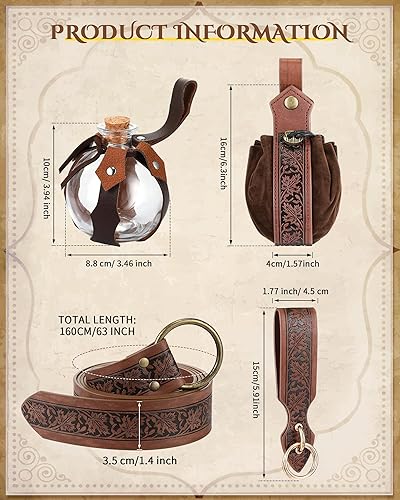 Vista 31 de Sweetude Cinturón renacentista medieval vikingo poción botellas de cuero cinturón bolsa falda senderismo 6 piezas