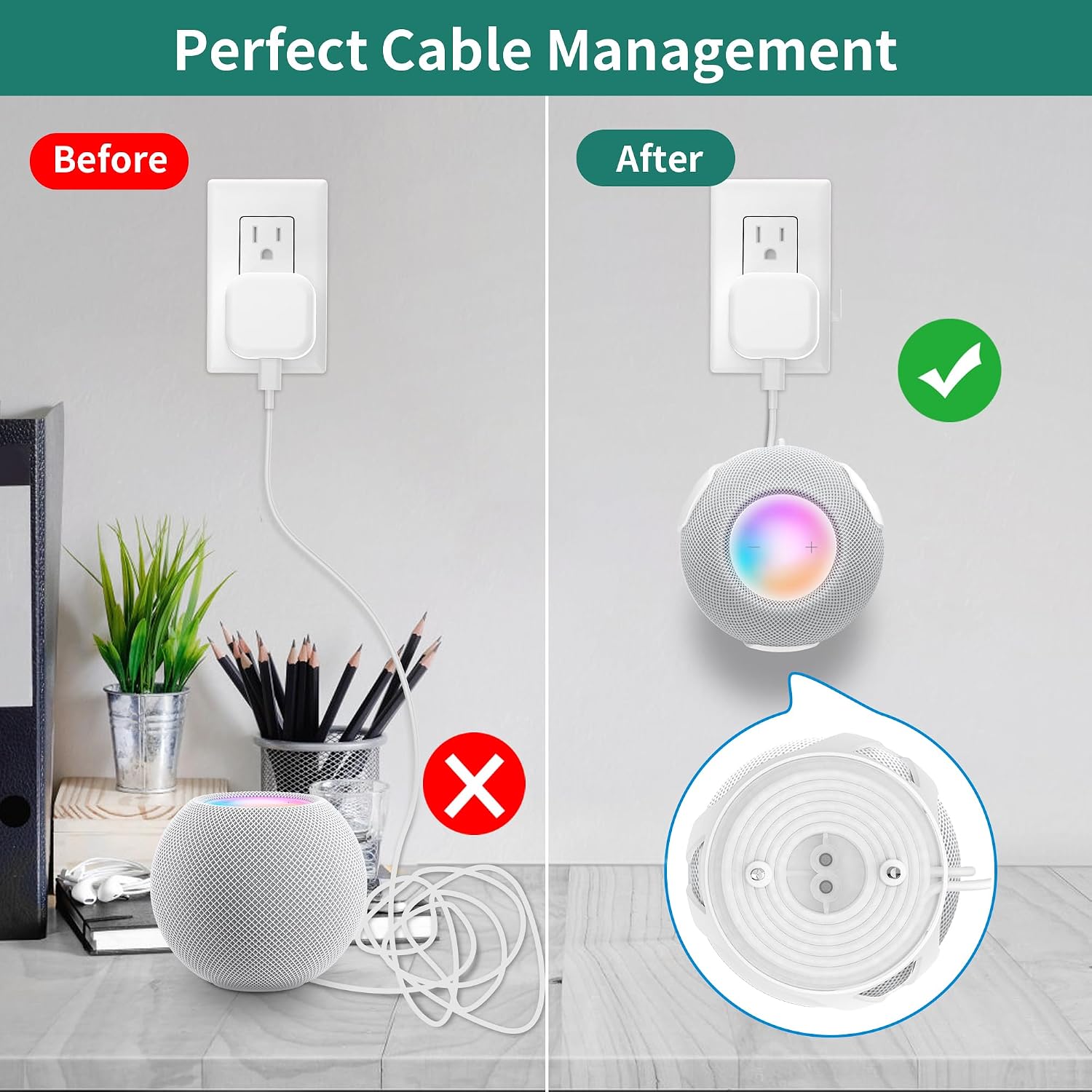 HomeMount Compatible with Homepod - Wall Mount for Homepod Mini Perfect Cord Management Holder for Space Saving Stand - White