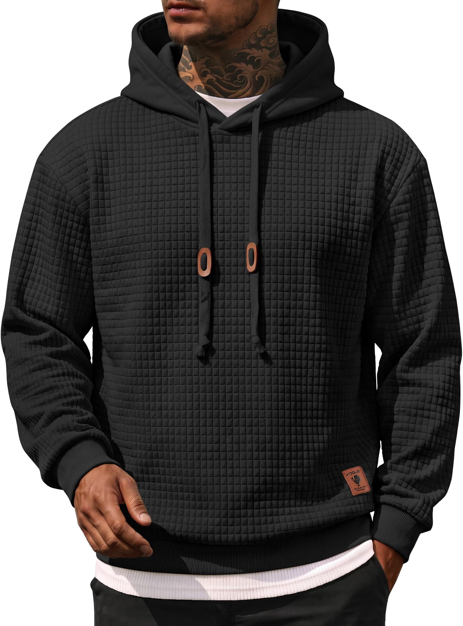 Mens Hooded Sweatshirt Casual Long Sleeve Drawstring Waffle Knit Pullover Hoodies