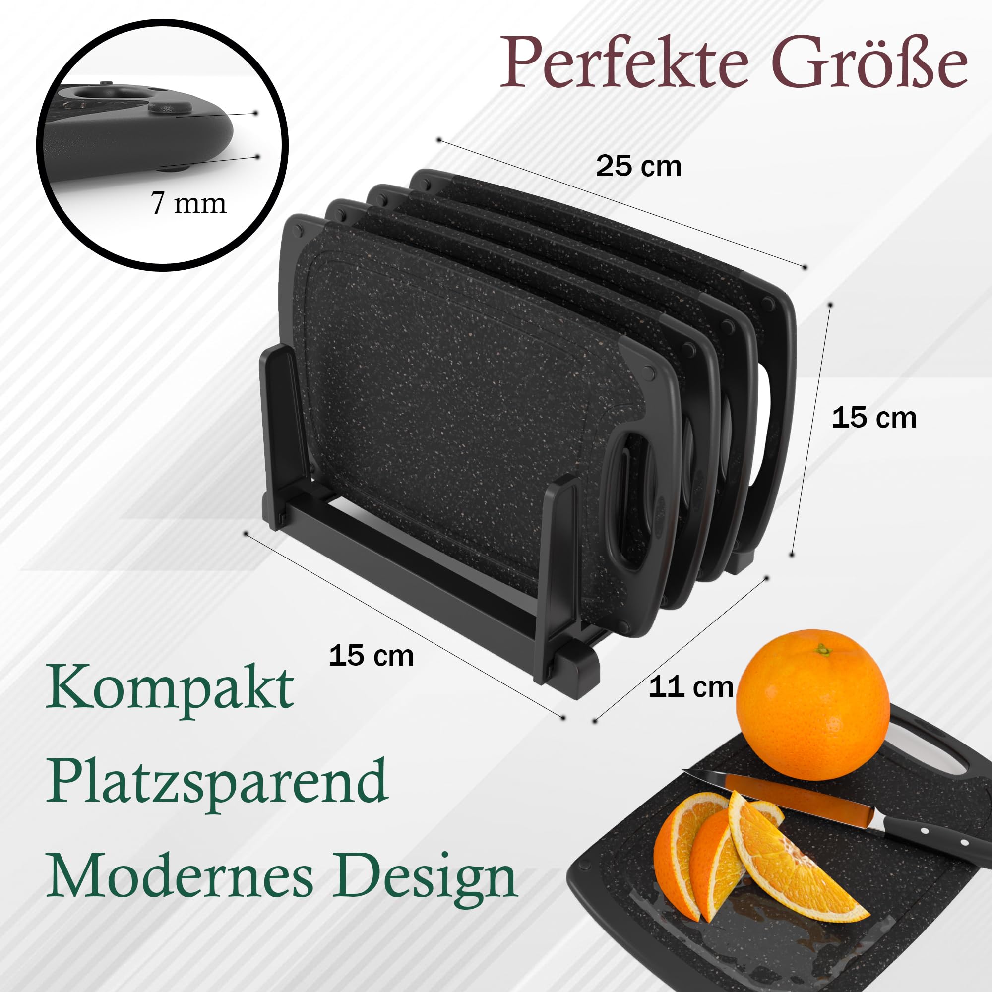 Frühstücksbrettchen 4-er Set mit Ständer 24x14 cm, schwarz-schwarz spülmaschinenfest beidseitig rutschfest mit Saftrille und Griff Schneidebrettchen Kunststoff klein antibakteriell