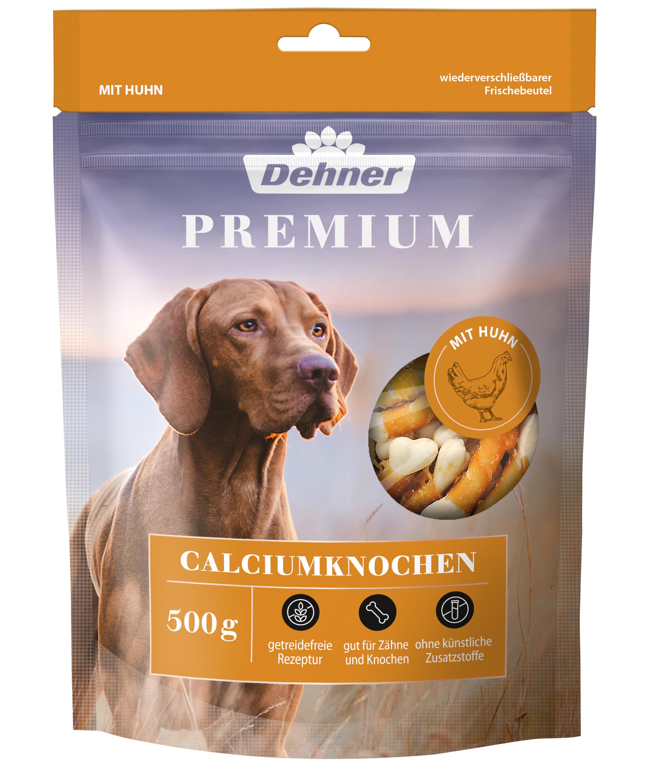 Dehner Premium Hundesnack, Leckerli getreidefrei / fettarm, Calciumknochen für ausgewachsene Hunde, mit Hühnerbrustfilet umwickelt, 500 g