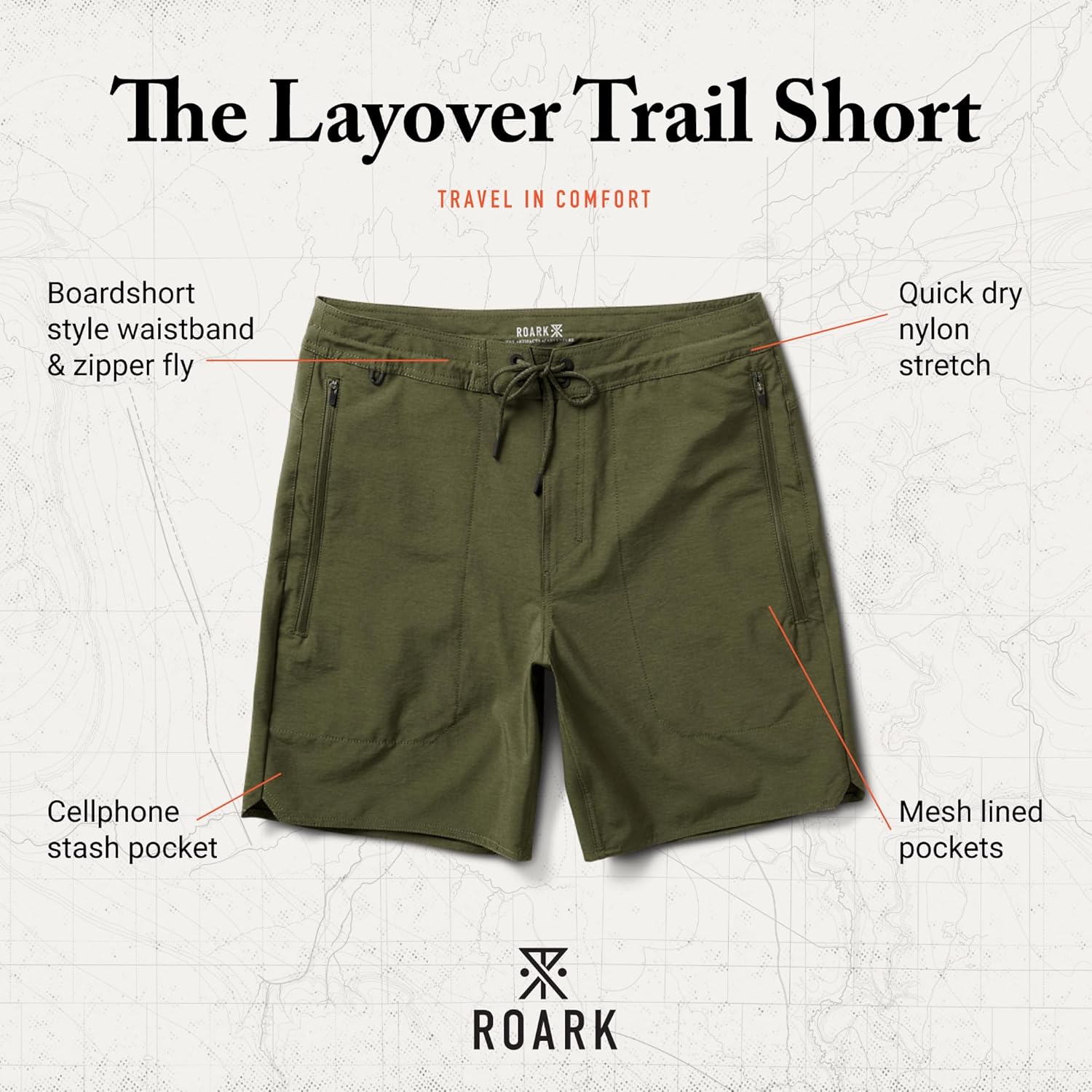 Roark Mens Layover Trail Short 3.0, Durable 4-Way Stretch Adventure Shorts