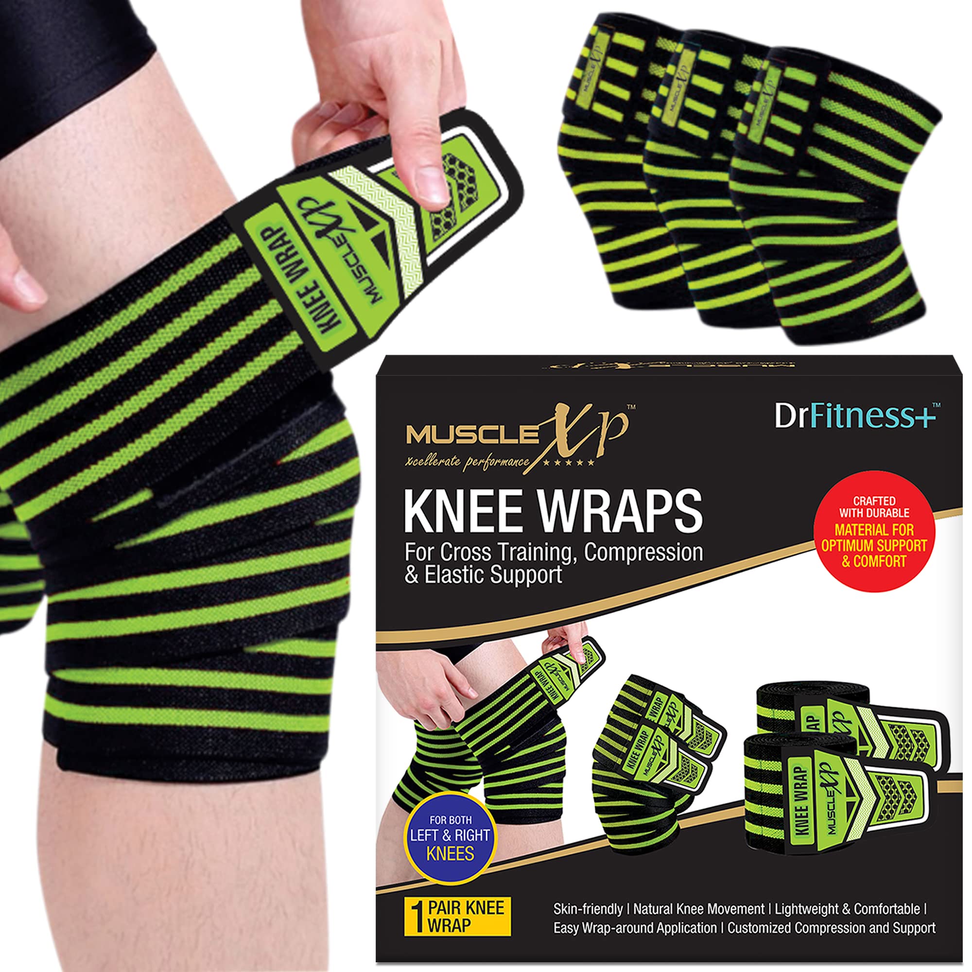 MuscleXP DrFitness+ Knee Wraps For Cross Training, For Both Left & Right Knees, Compression & Elatic Support, Weight Lifting, Cross fit, Gym Workout, Lightweight & Comfortable (Black & Green), 1 Pair