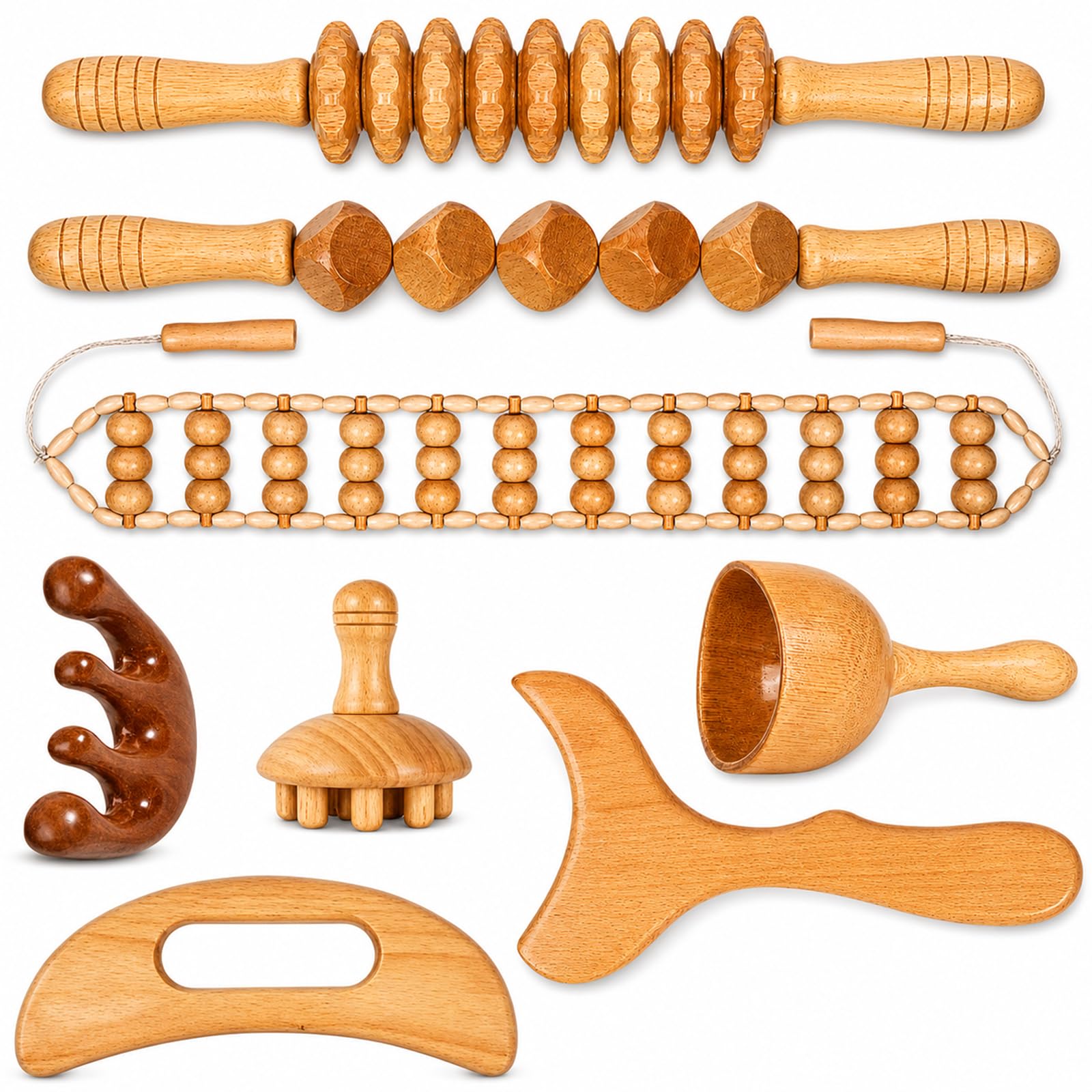 Maderotherapie Set 8 in 1, Holz Massage Set mit Faszienrolle & Faszienstab