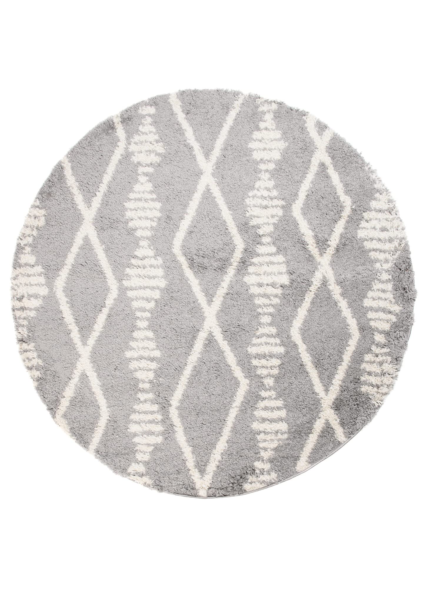 TAPISO Boho Rond Tapis Shaggy Poil Long Design Moderne Gris Crème Motif Aztèque Ethnique Losanges Tapis Salon Chambre Ado Enfant Oeko-TEX Résistant Moelleux 160 x 160 cm