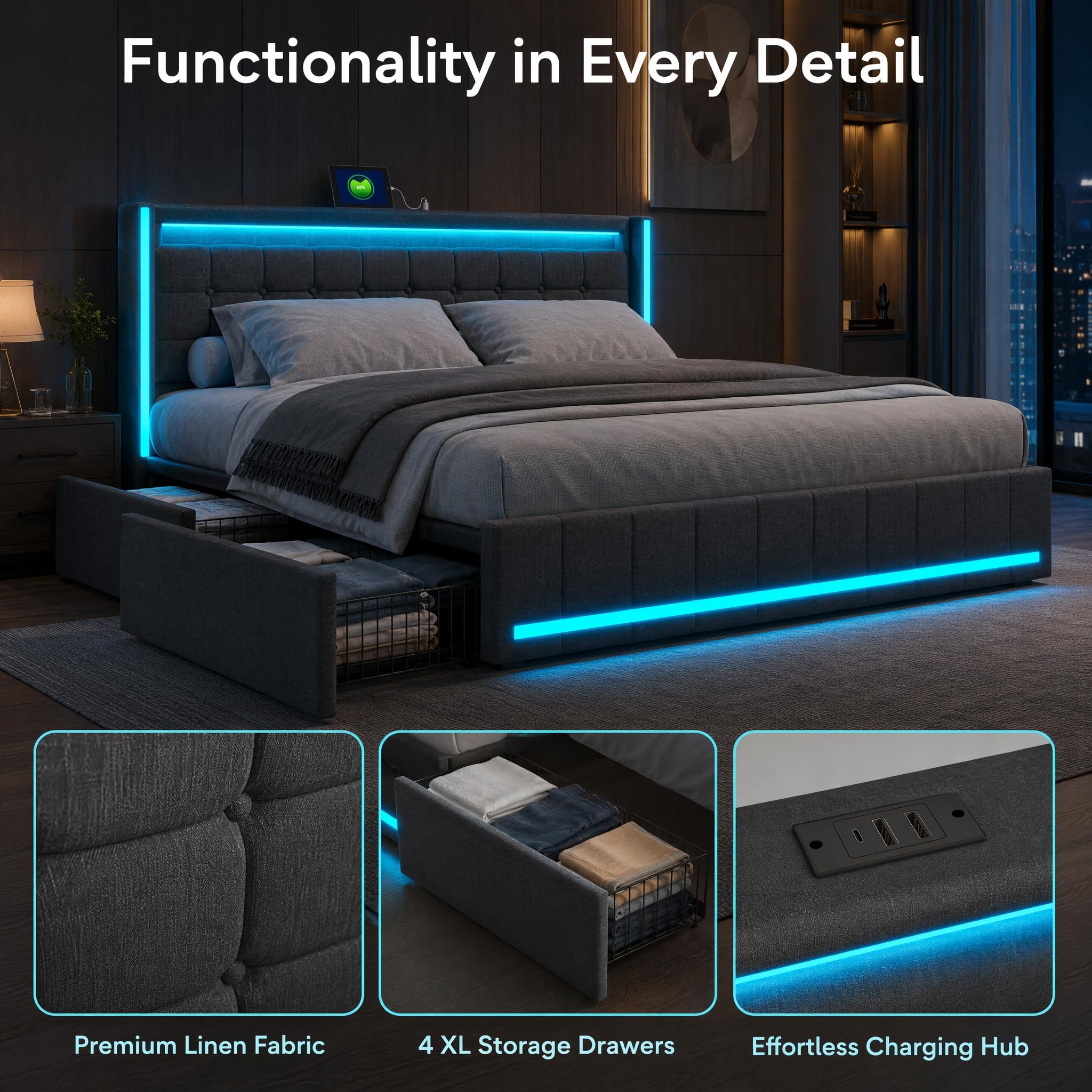 Letto Cassettone 160x200 con 4 Cassetti, Letto Matrimoniale 160x200 con LED e USB, Letti Matrimoniali Imbottiti con TestieraLetto Imbottito Matrimoniale conContenitore, Nessun Materasso