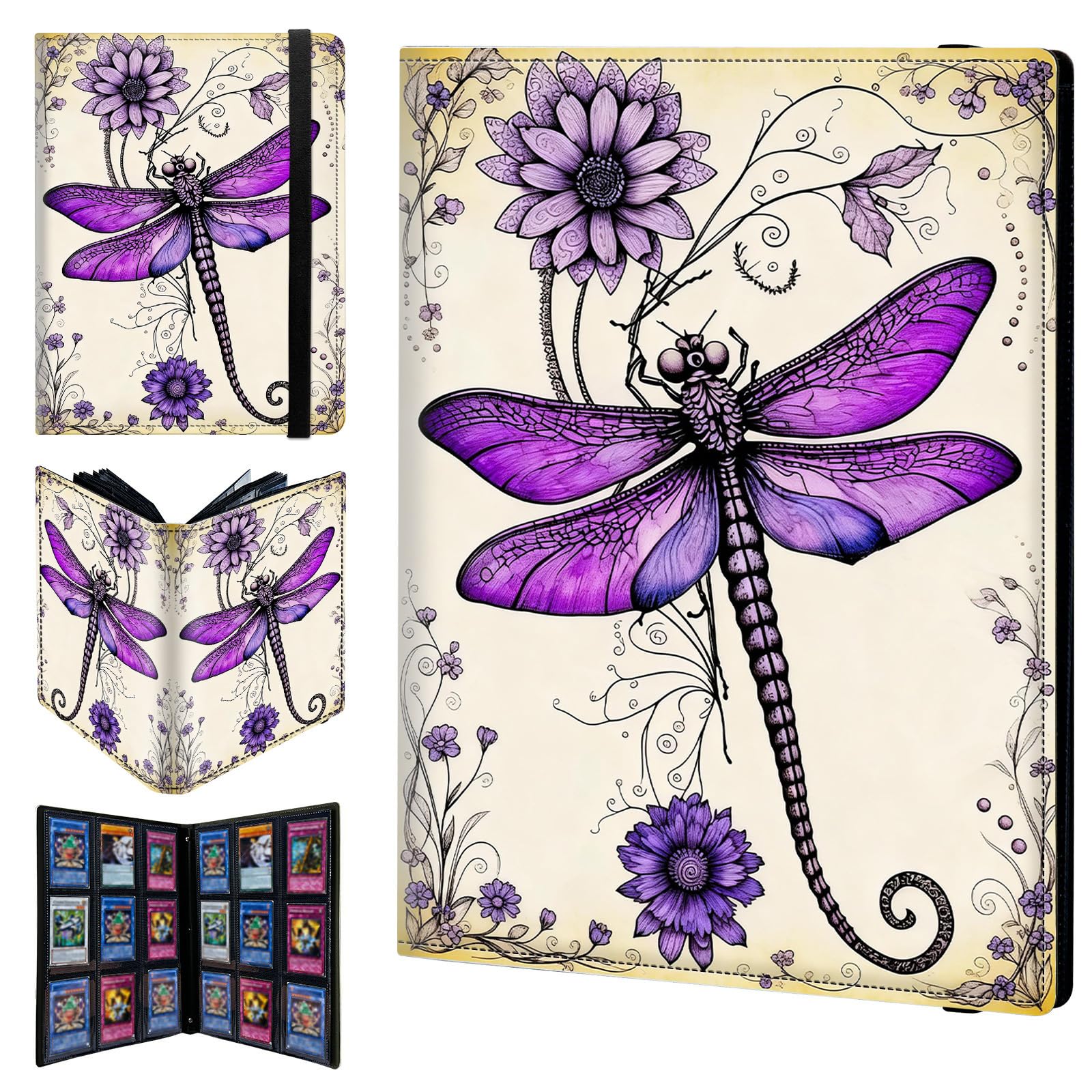 9 Pocket Trading Card Binder 720 Side Loading Pocket Album with Purple Flowers Dragonfly Pattern Design Card Binder for Sports Cards & Game Cards — image 1