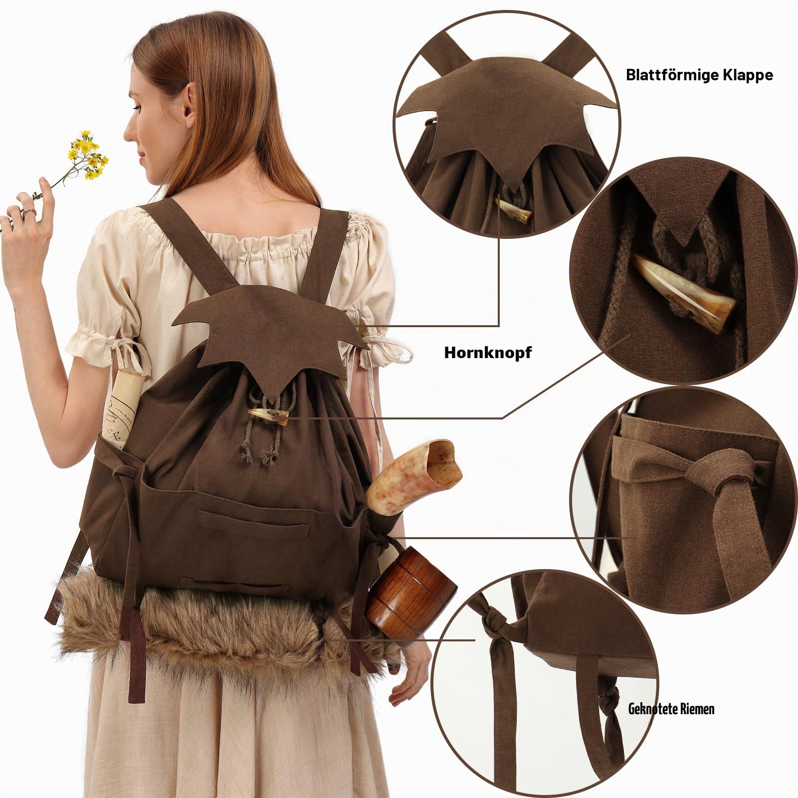 KUOIN Vinatge LARP Mittelalterlicher Rucksack mit Kordelzug, für Camping, Renaissance