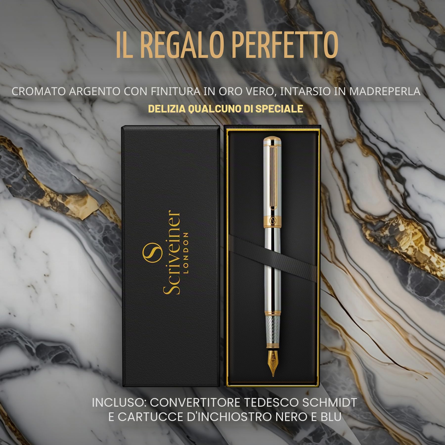 Scriveiner Penna stilografica qualità premium con finitura in Placcato in Vero Oro, Penninoi medio, argento cromato