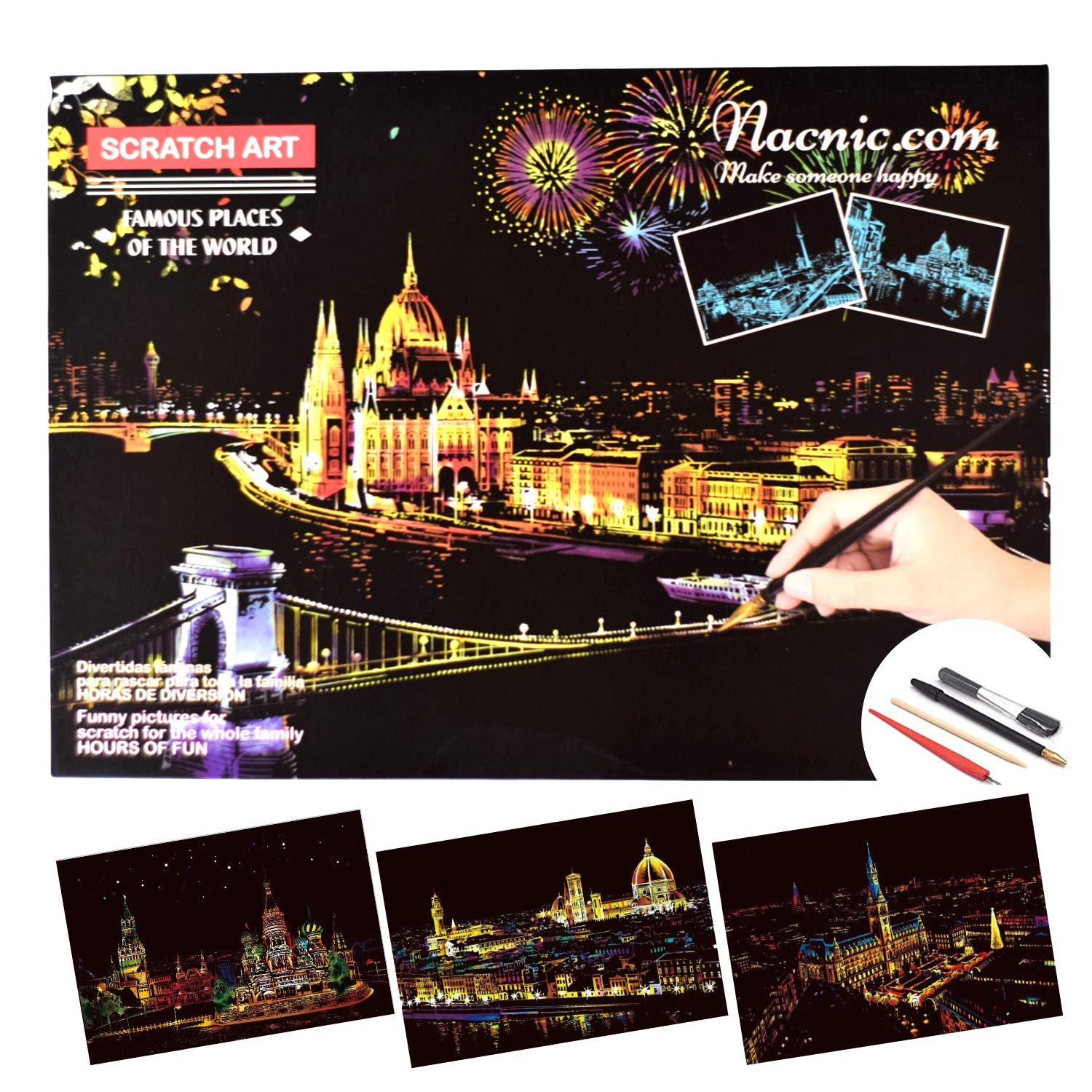 Nacnic Scratch Art Sheets. DIY Arts and Crafts for Adults and Kids. Scratch paper with colourful backgrounds to draw on. Moscow's Red Square, Florence and Hamburg. 40.5x28.5cm, 3-Sheet set.