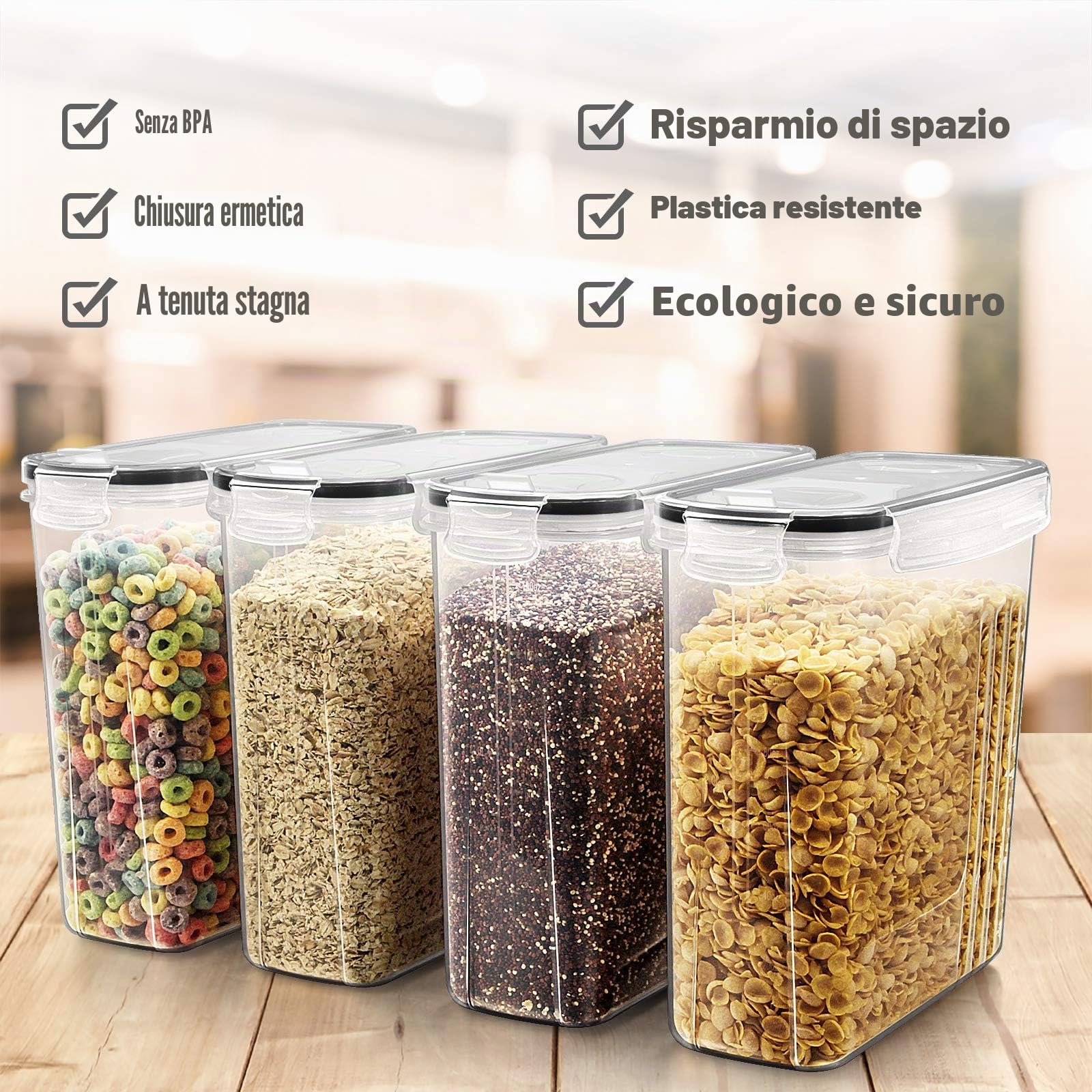 Wildone Set di 6 contenitori ermetici con capacità di 4 litri e coperchio a prova di perdite nero per cereali e alimenti secchi (zucchero, farina, ecc.)