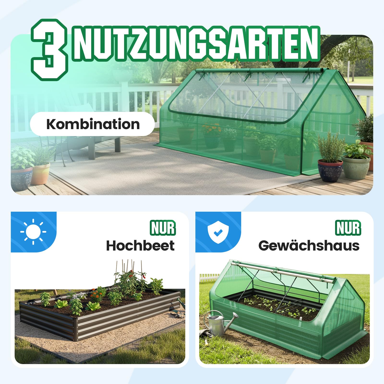 Quictent Hochbeet 240x120x30 cm mit Abdeckung | Ersatzteil, Ersatzabdeckung, rostfrei, Drainage, einfache Montage, wetterfest, Grün-Transparent, 2 Reißverschlussfenster