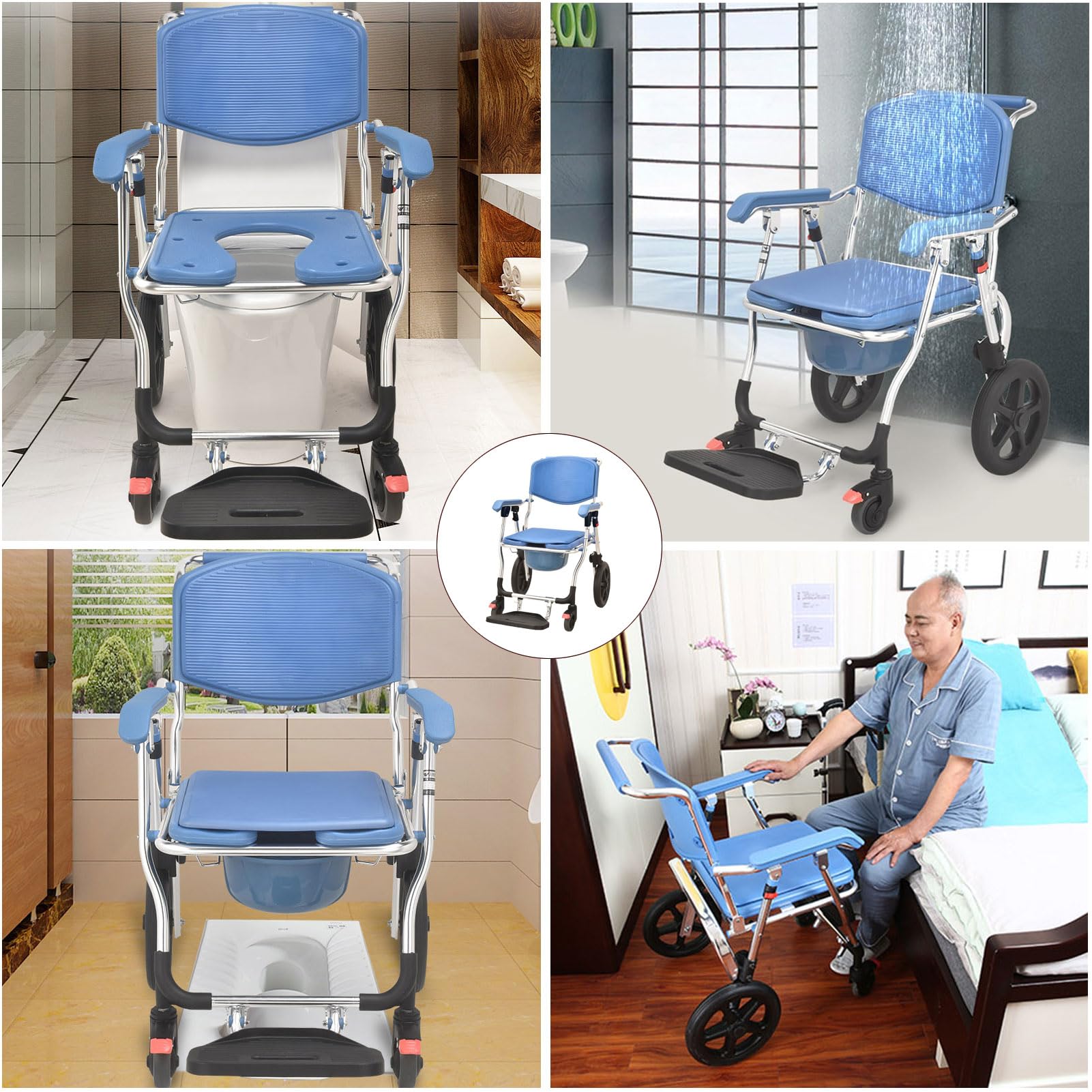 Sedia a Rotelle per Anziani con WC, Sedia WC per Anziani con Ruote, Sedia Comoda Pieghevole WC per Disabili con Braccioli e Schienale, per Pazienti e Donne incinte, Portata Fino a 150 kg