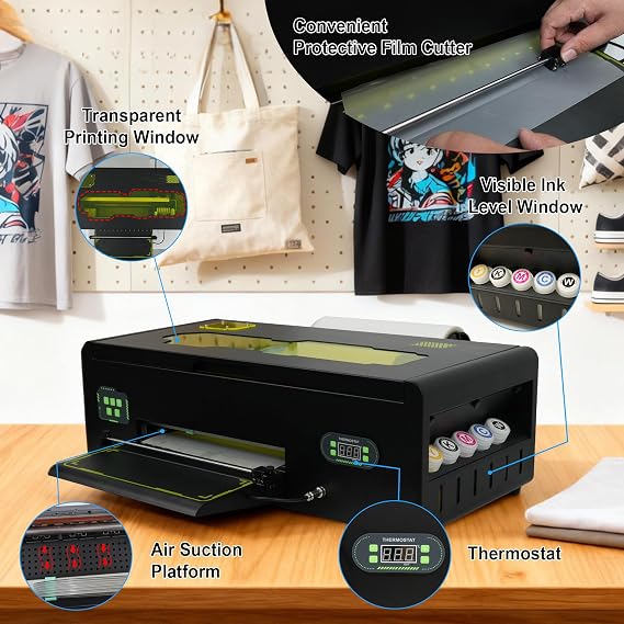 DTF Printer A3 F 1390 with Roll Feeder, DTF Transfer Printing Machine with White Ink Circulation System and Semi-Automatic Cleaning for DIY T Shirt Printing (Printer+Film+Software)