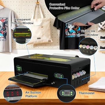 DTF Printer A3 F 1390 with Roll Feeder, DTF Transfer Printing Machine with White Ink Circulation System and Semi-Automatic Cleaning for DIY T Shirt Printing (Printer+Film+Software)