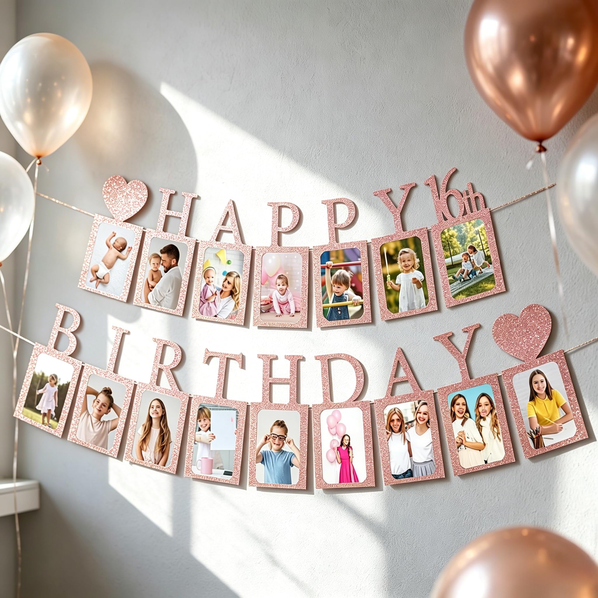 16th Birthday Banner - Photo Banner for 16th Birthday Party Decorations, Reusable Happy 16th Birthday Sign with Picture Frames, Rose Gold, Adjustable 7ft Banner