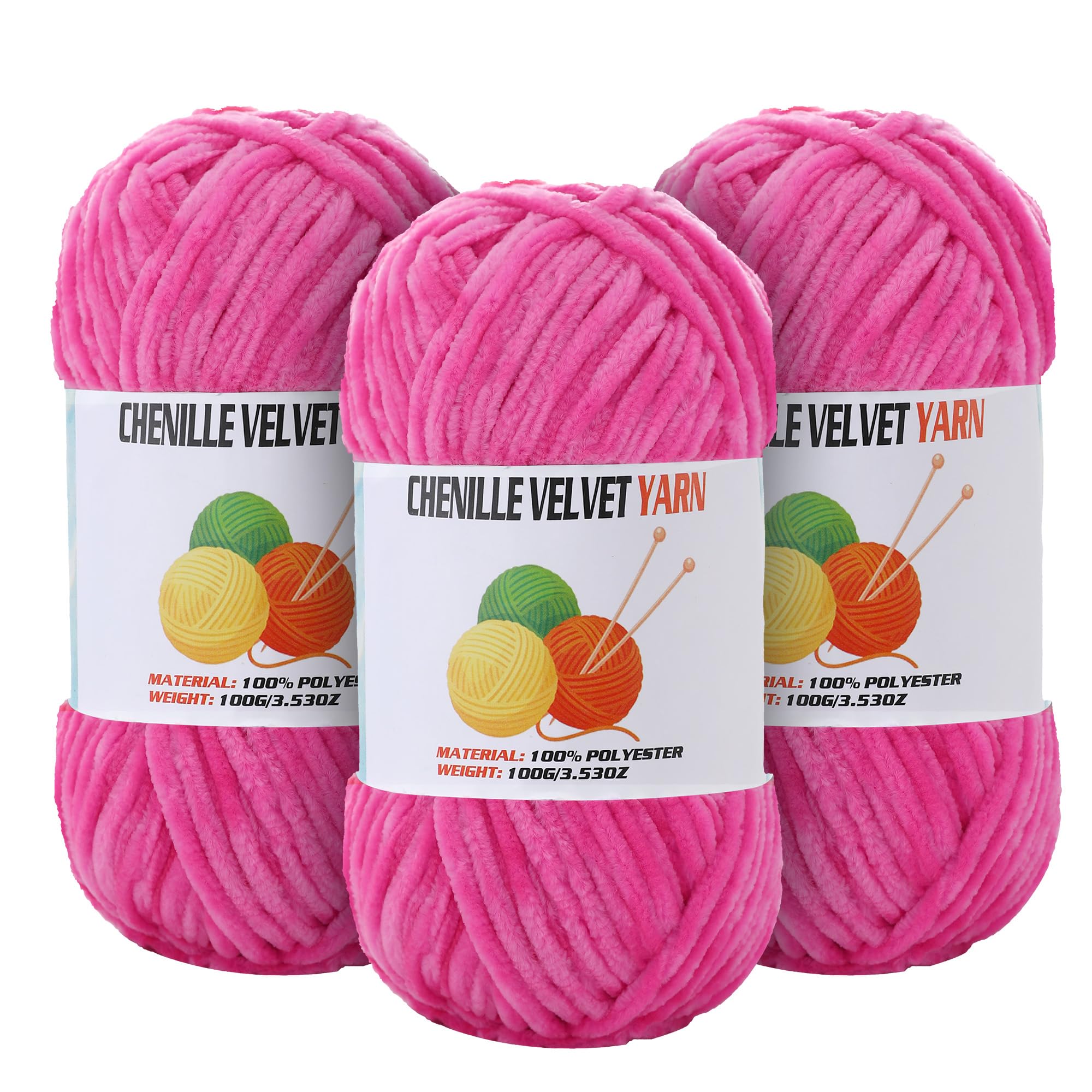 3 * 100g Velvet Chenille Chunky Yarn for Crocheting, Handcrafts Weaving Soft Chenille Yarn for Crocheting Clearance, Used for Making Baby Yarns Blanket, Clothes, Knitting Creations (Deep Pink)