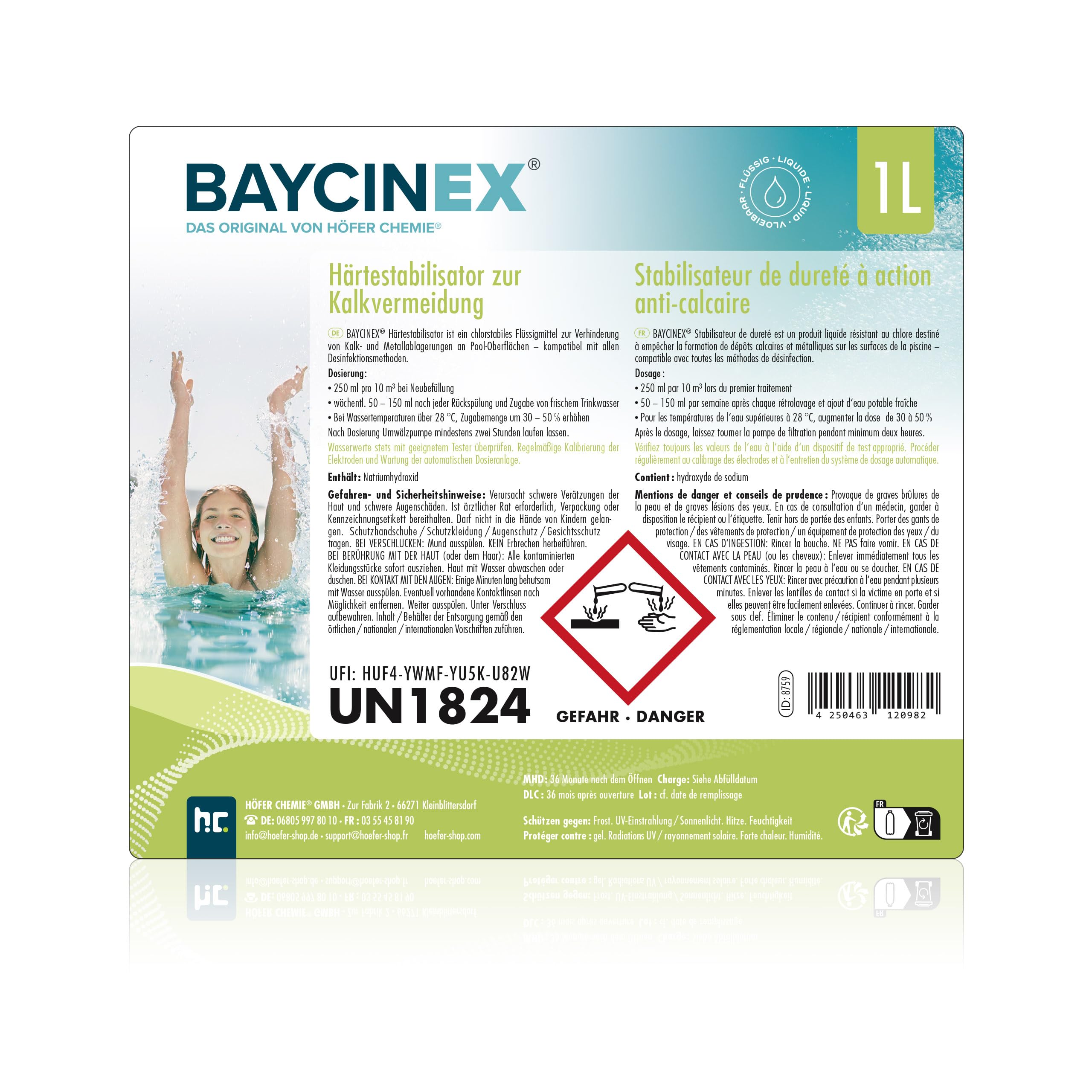 Höfer Chemie 6 x 1 L stabilisateur de dureté à Action Anti-calcaire | Prévient les dépôts calcaires et métalliques, les colorations et l’eau trouble – formule liquide stable au chlore