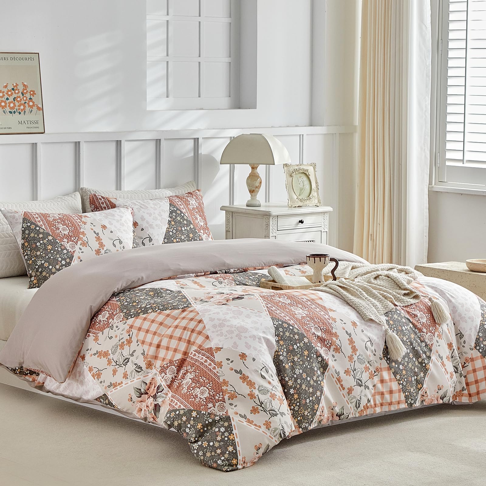 Lekesky Double Duvet Cover Set Khaki Gingham Floral Bedding - Soft Microfiber Double Bedding Set with 1 Duvet Cover x 2 Envelope Pillowcases with Zipper, for All Seasons (Khaki, 200x200cm) โ image 1