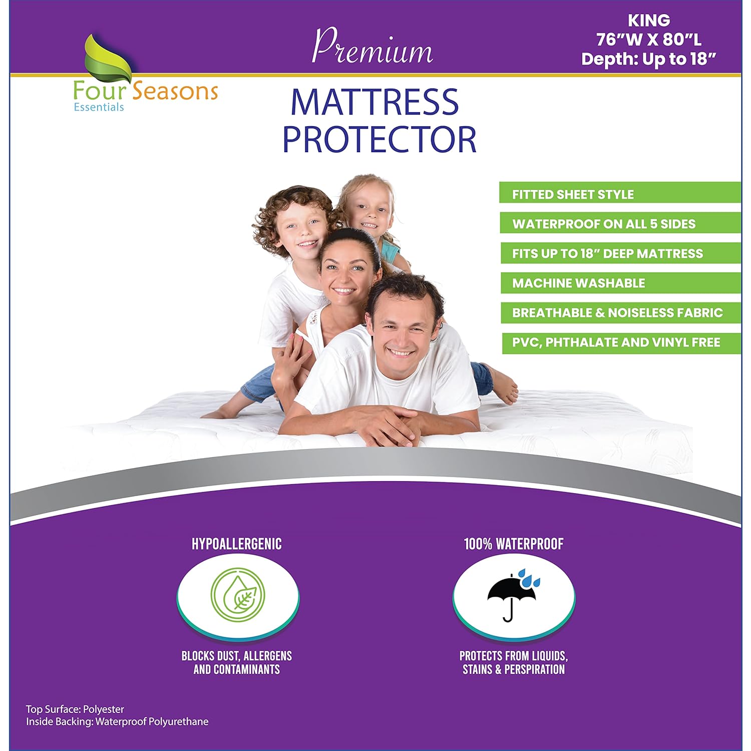 Four Seasons Essentials King Size Waterproof Mattress Protector – Fitted Sheet Style – Hypoallergenic Premium Quality Cover Protects Against Dust Mites, Allergens Four Seasons Essentials King Size Waterproof Mattress Protector – Fitted Sheet Style – Hypoallergenic Premium Quality Cover Protects Against Dust Mites, Allergens