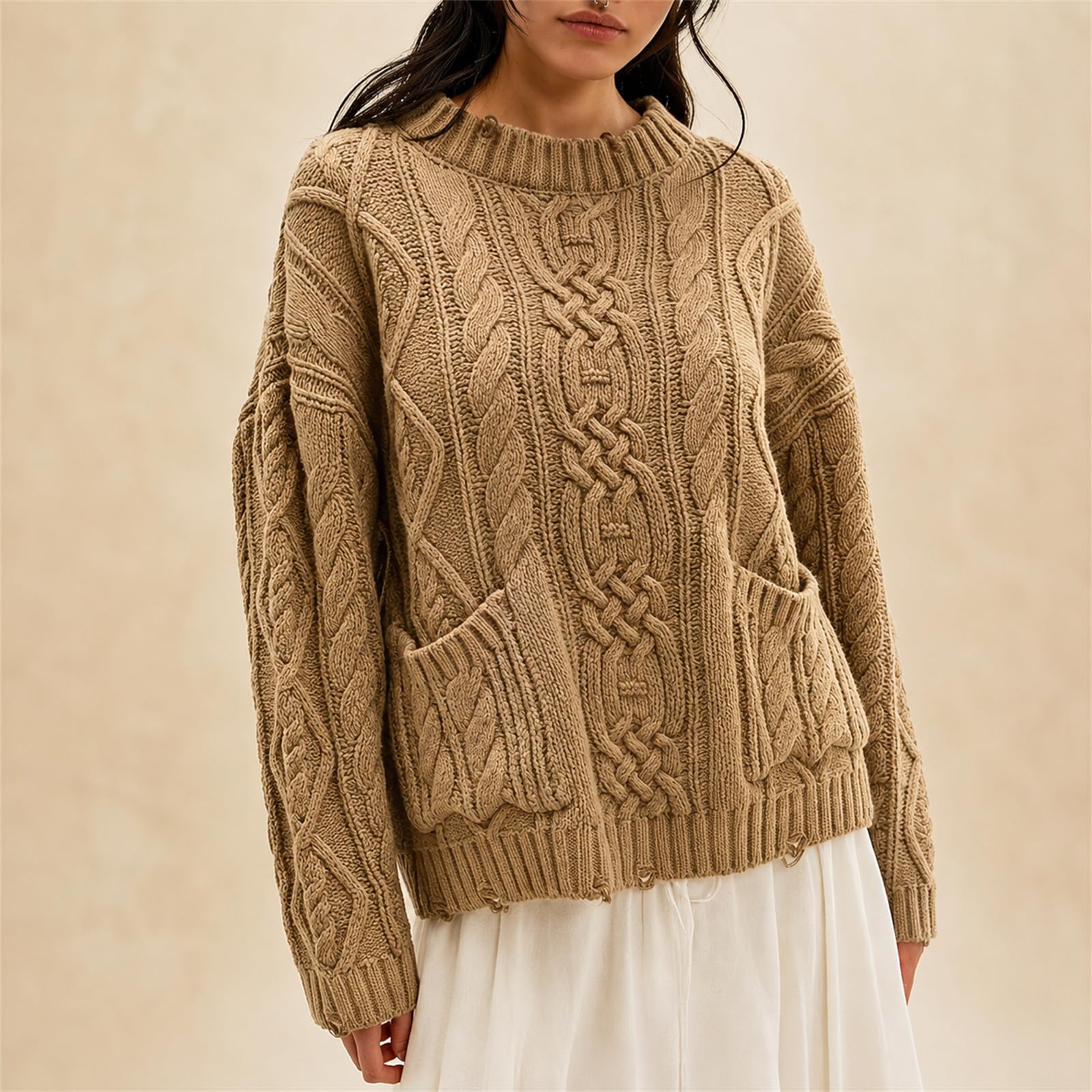 Maglione da donna oversize a maglia grossa con motivo a treccia, scollo