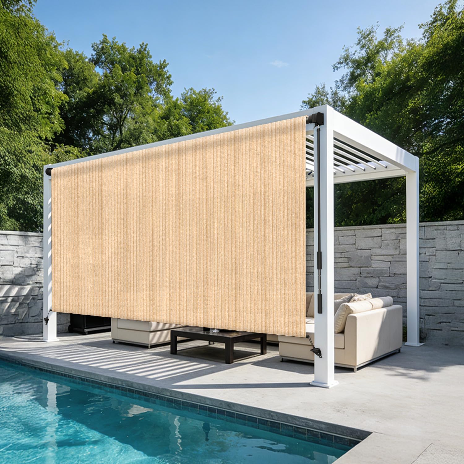 Photo 1 of HENG FENG Outdoor Roller Shade 8' W x 6' H, 95% UV Block Cordless with Splicing Design Exterior Patio Shades with Wand for Porch & Gazebo, UV Block & Weather Resistant Wheat