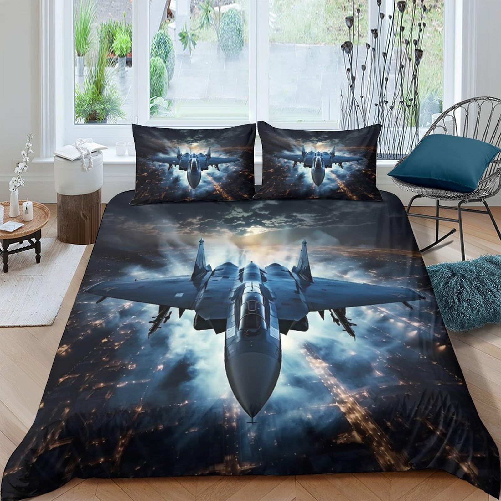 Ctjqhvkz Style-6 3D Printed Fighter Jet Fitted Sheet Microfiber Soft Anti-Slip Night Sky Bed Cover For Bedroom Dorm Mattress Protection Single（135X200cm）