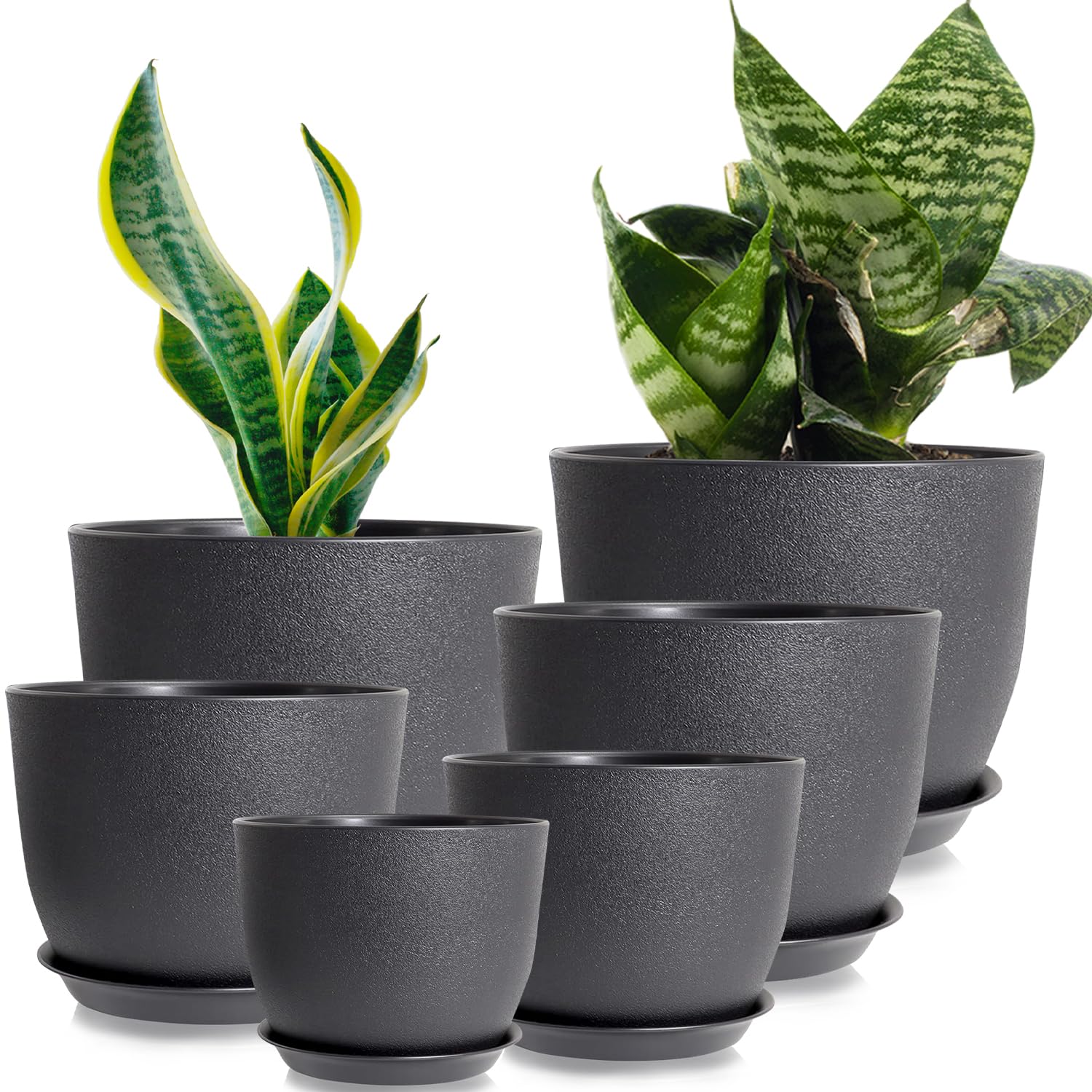 Vaso per fiori, 6 confezioni da 6 vasi con sottovaso, 25/23/20/18/16/13 cm, vaso da fiori con fori di drenaggio e vassoi, ideale per interni e giardini da balcone (nero)