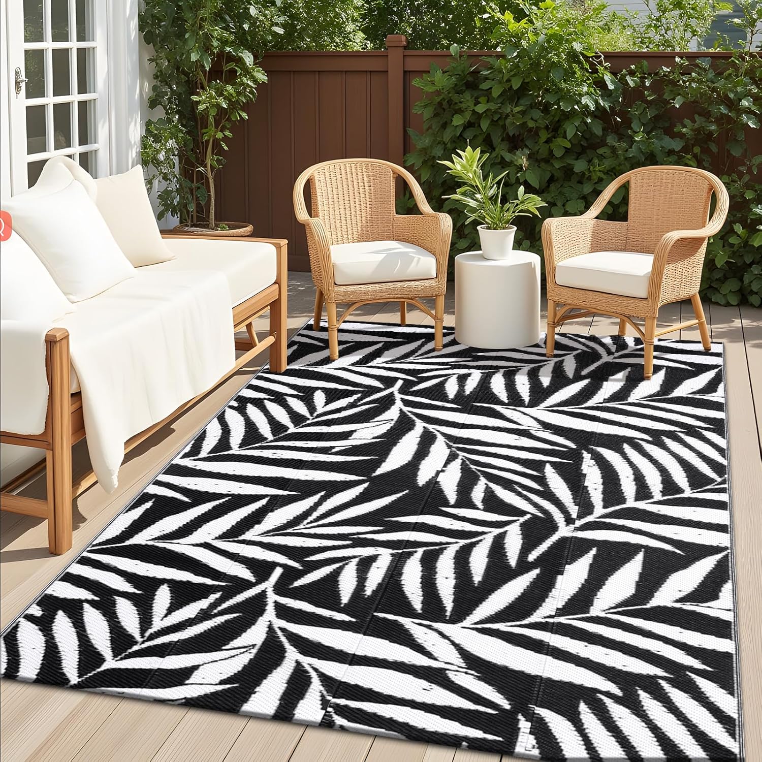 OLANLY Waterproof Outdoor Rug 5x8 ft, Reversible Outdoor Plastic Straw Rug with Leaf Pattern, RV Mat, Indoor Outdoor Carpet for Patio, Camping, Balcony, Deck, Backyard, Black & White Black & White 5' x 8' (Rectangular)
