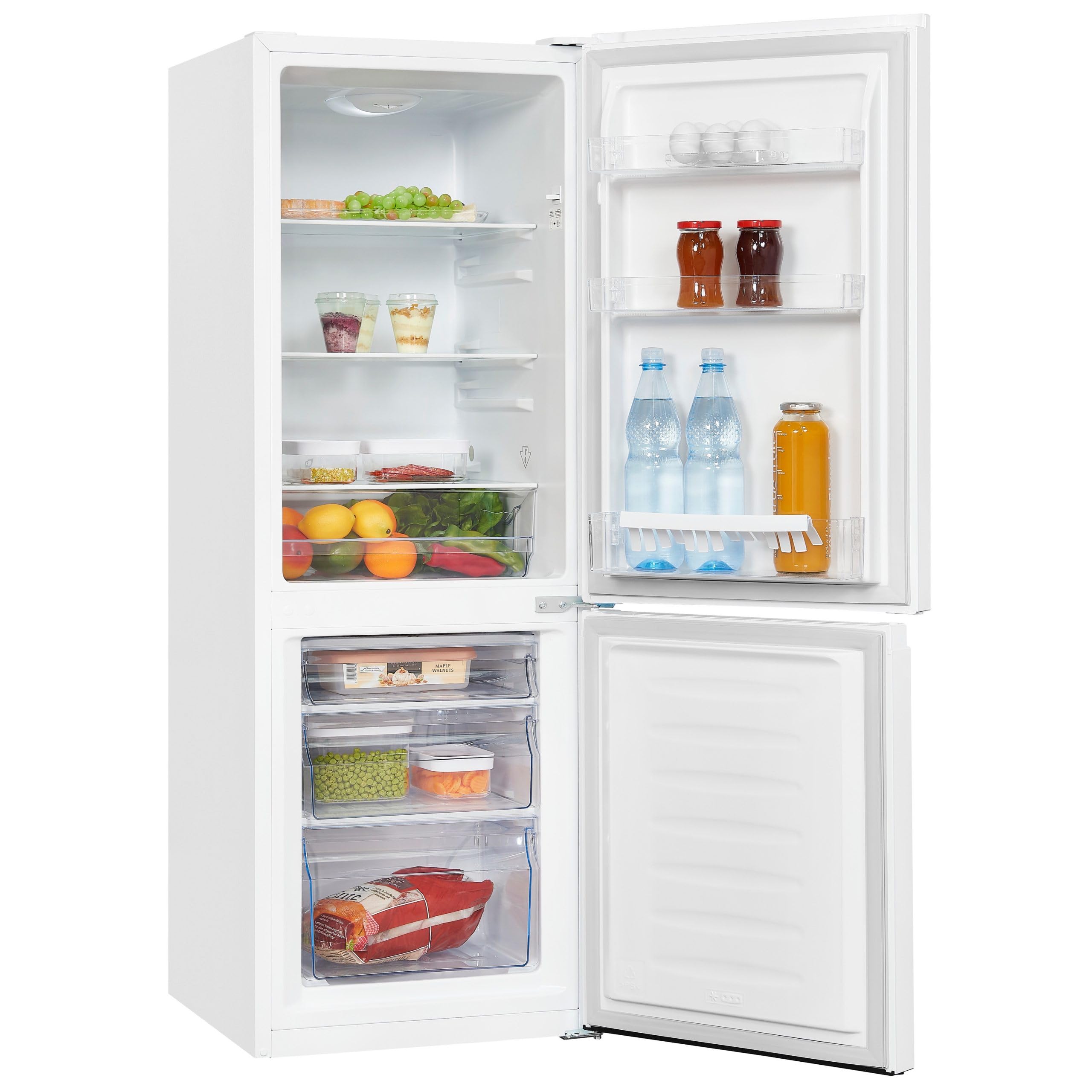 Exquisit® Frigorífico Combi, 175L, Clase E, Color Blanco, Cajón Verdulero, Estantes de Cristal, Altura Regulable, Tiradores Integrados, Luz LED, Consumo 195 kWh/año, Medidas 143,5x49x56,5 Cm.