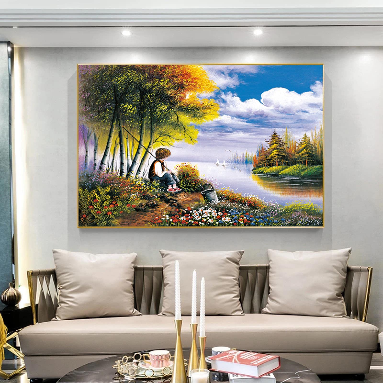 Yooyu Little Boy Pesca Paisaje natural Pintura Lienzo Pintura Póster Impresión Arte de la pared Imagen para la habitación de los niños Decoración del hogar 40x65cm (16x26in) con marco