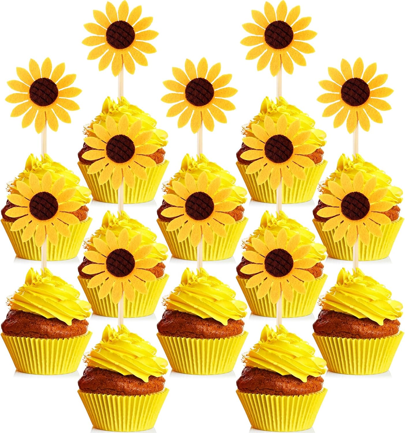 Boao 60 Pcs Sunflower Cupcake Toppers, Yellow Flower Cake Picks Party