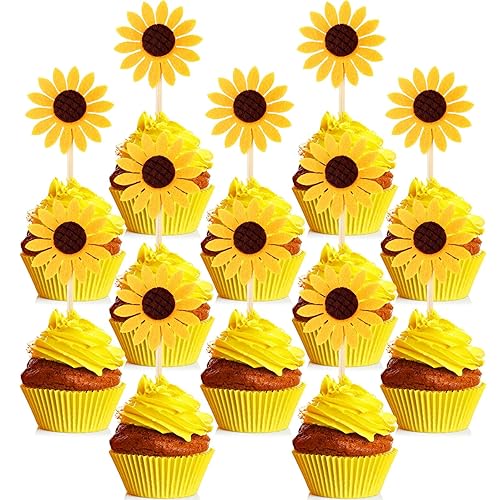 Miniatura 2 de 60 piezas de adornos de girasol para cupcakes de flores amarillas, palillos de dientes de girasol, palillos de comida de verano para suministros de