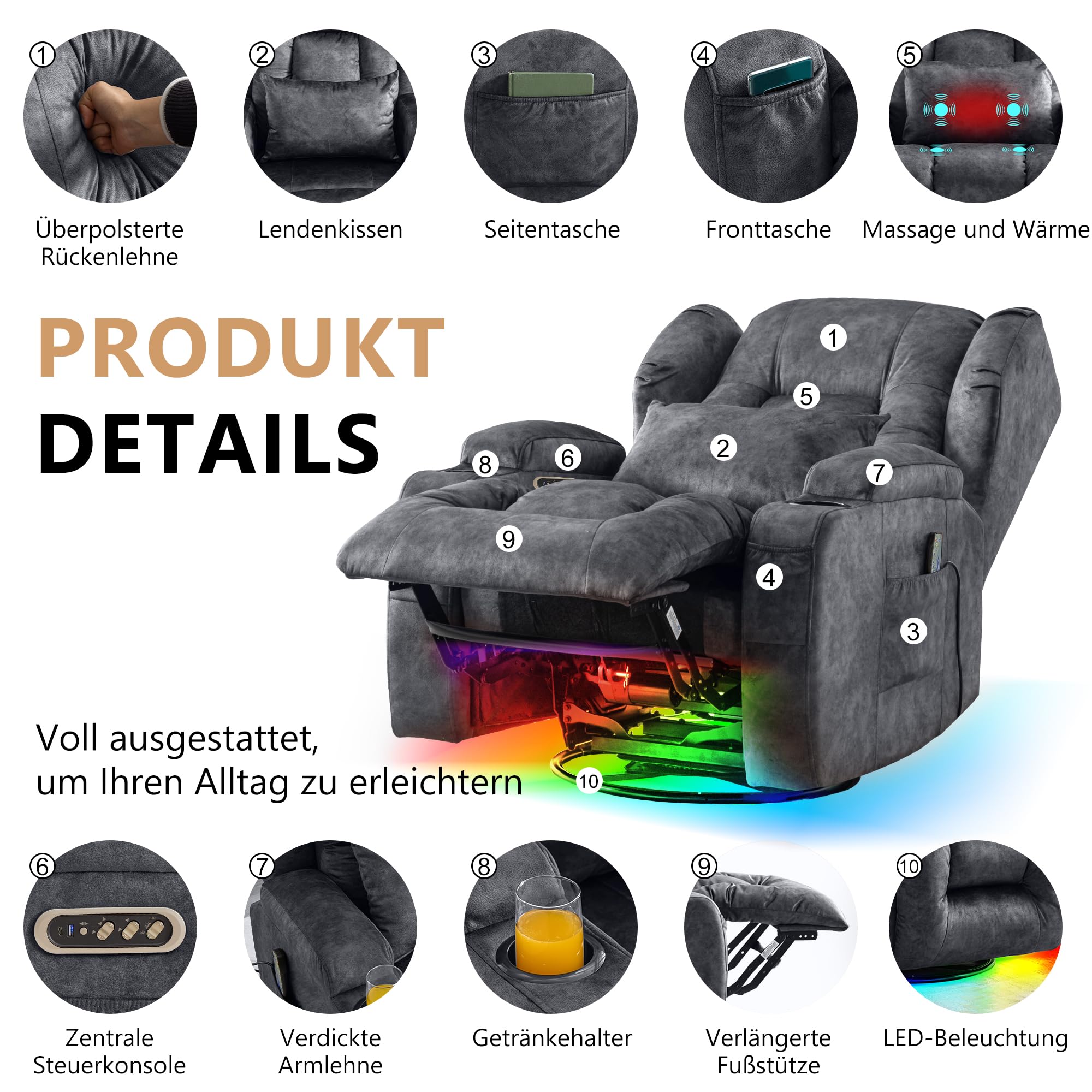 2 Motoren Elektrischer Verstellbar Relaxsessel mit Liegefunktion, Drehbarer Fernsehsessel TV Sessel mit Massage und Wärme, Kinosessel mit USB/LED/TYP C,bis 150 kg (Samt Grau, 1)