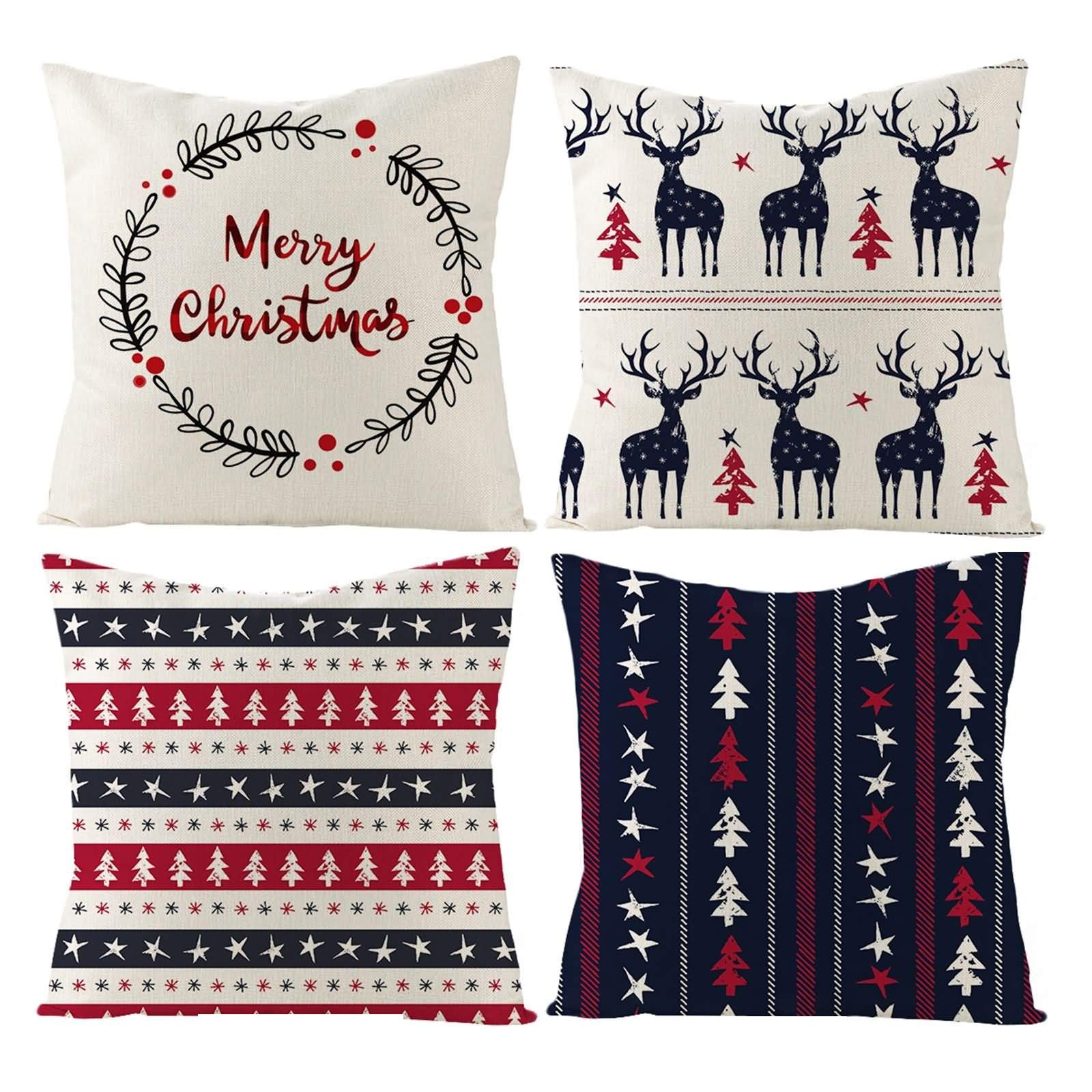 Fodere Cuscini Natalizi, Federe Decorative 50X50 Set 4 Baum Hirsch Girlande per la Decorazione Domestica di Natale(Beige Rosso)