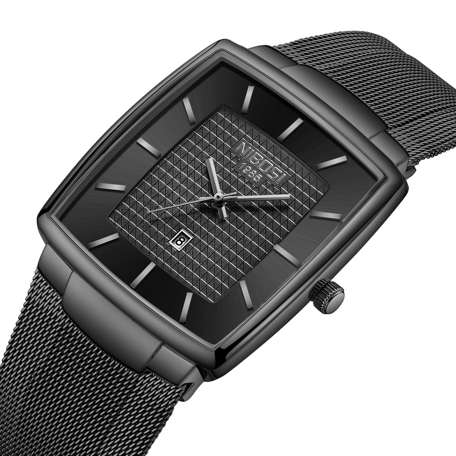 NIBOSI Orologi da uomo Orologi analogici quadrati al quarzo in acciaio inossidabile per uomo Cinturino a maglia Impermeabile Orologio sportivo da lavoro con datario