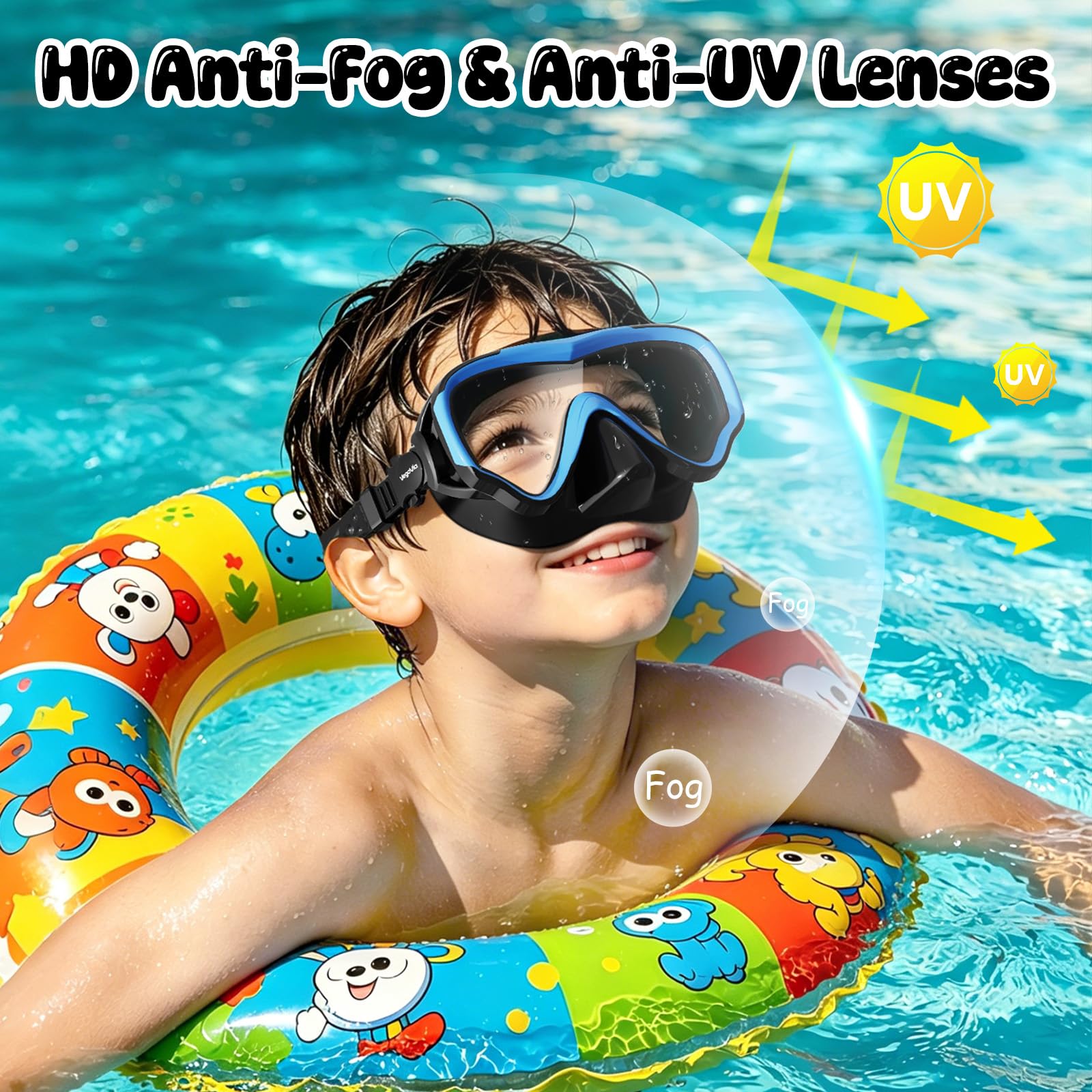 VegoVia Gafas de natación para niños con cubierta de nariz, antivaho, visión amplia, máscara de natación transparente para niños de 3 a 15 años, antiroturas, sin fugas