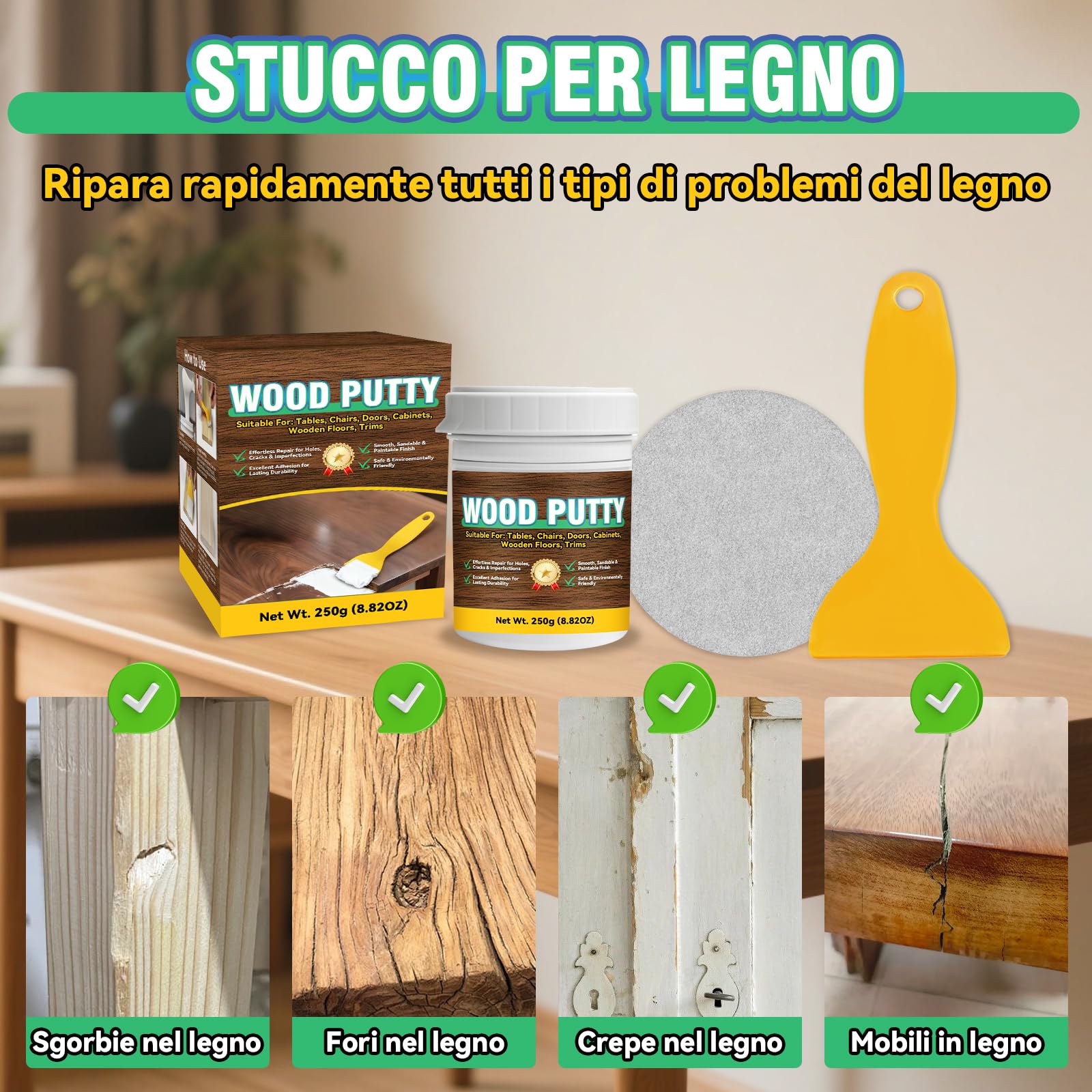 Stucco per Legno Riempitivo, Kit Universale Stucco Legno Bianco per Mobili e Pavimenti, Formula Rapida, Carteggiabile e Verniciabile per Riparare Crepe, Buchi e Difetti su Legno (250g)