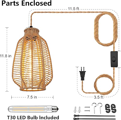 Miniatura 2 de Lámpara colgante enchufable con interruptor de encendidoapagado, cuerda de cáñamo de 14 pies, pantalla de bambú, mimbre de ratán, luces colgantes