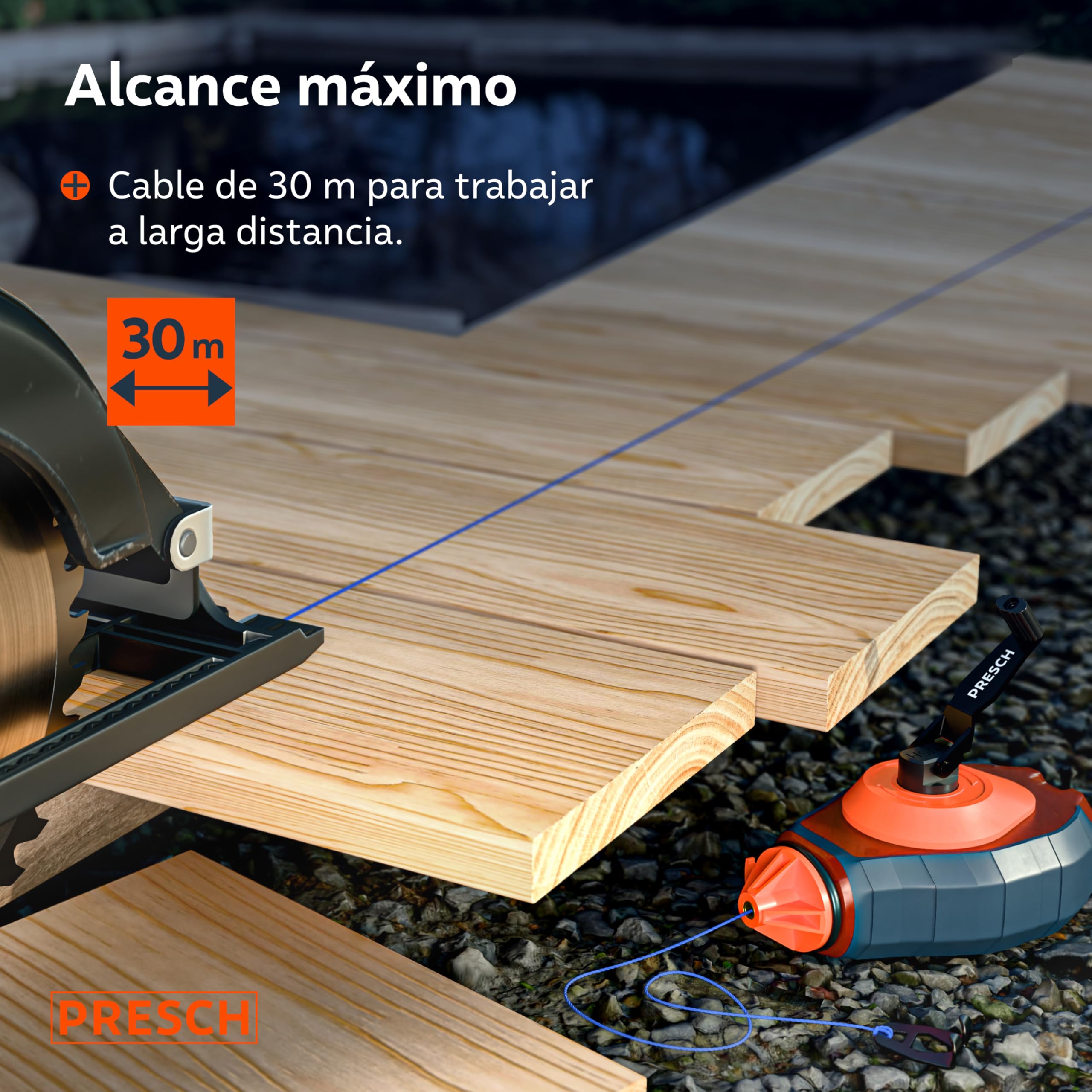 PRESCH Tiralineas de 30m incl. tiza azul (150g) - Rápida retracción gracias al engranaje 6:1 - Fácil de limpiar para marcas temporales - Cordón robusto para líneas precisas